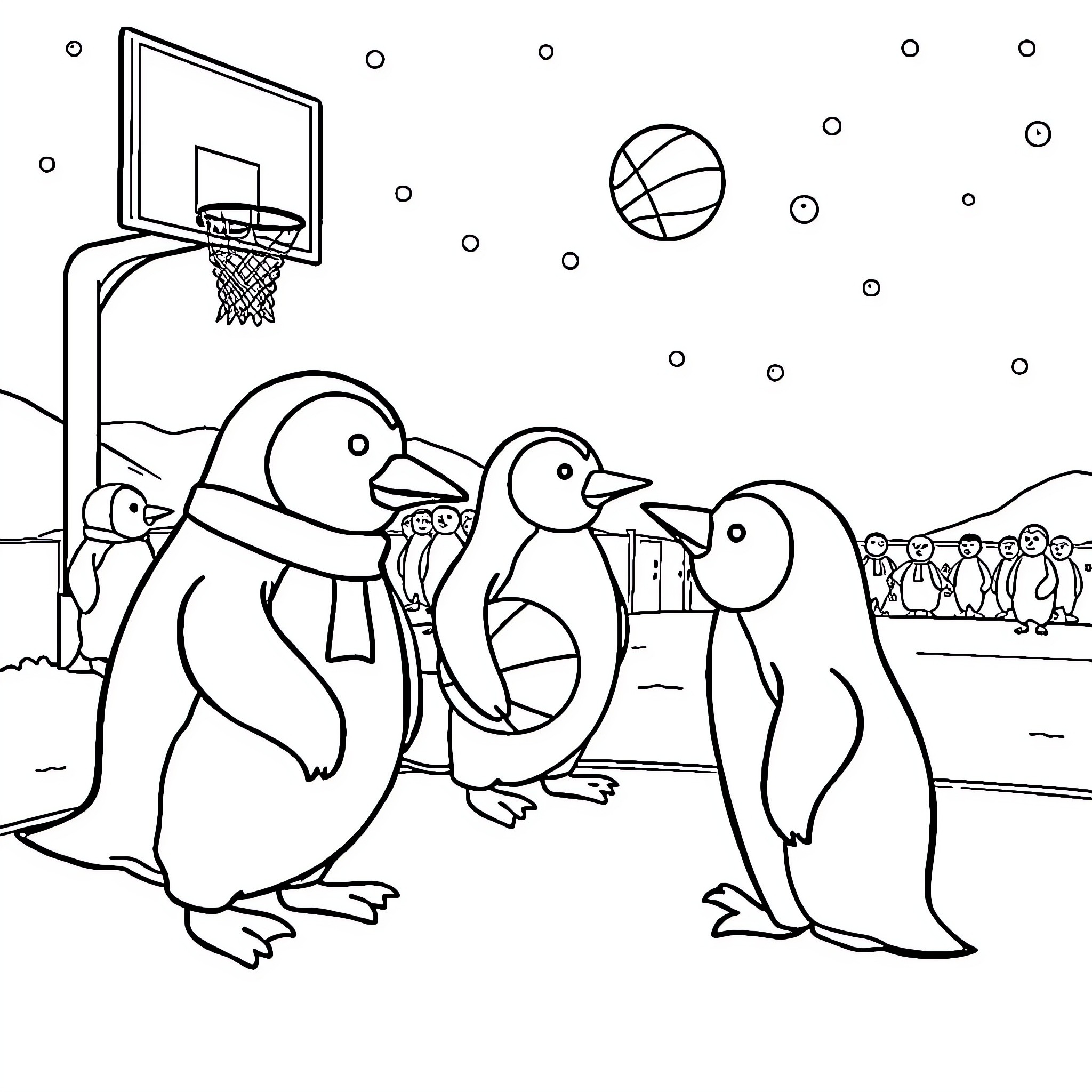 Penguins playing basketball on a snowy day Coloring Page (free black-and-white line drawing printable PDF for all, from beginners to advanced learners, including children, teens, adults, and seniors)