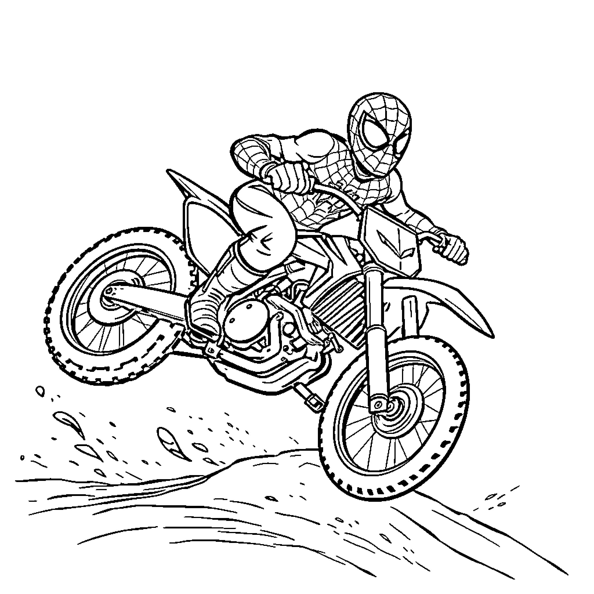 Superhero riding a motorcycle in action Coloring Page (free black-and-white line drawing printable PDF for all, from beginners to advanced learners, including children, teens, adults, and seniors)