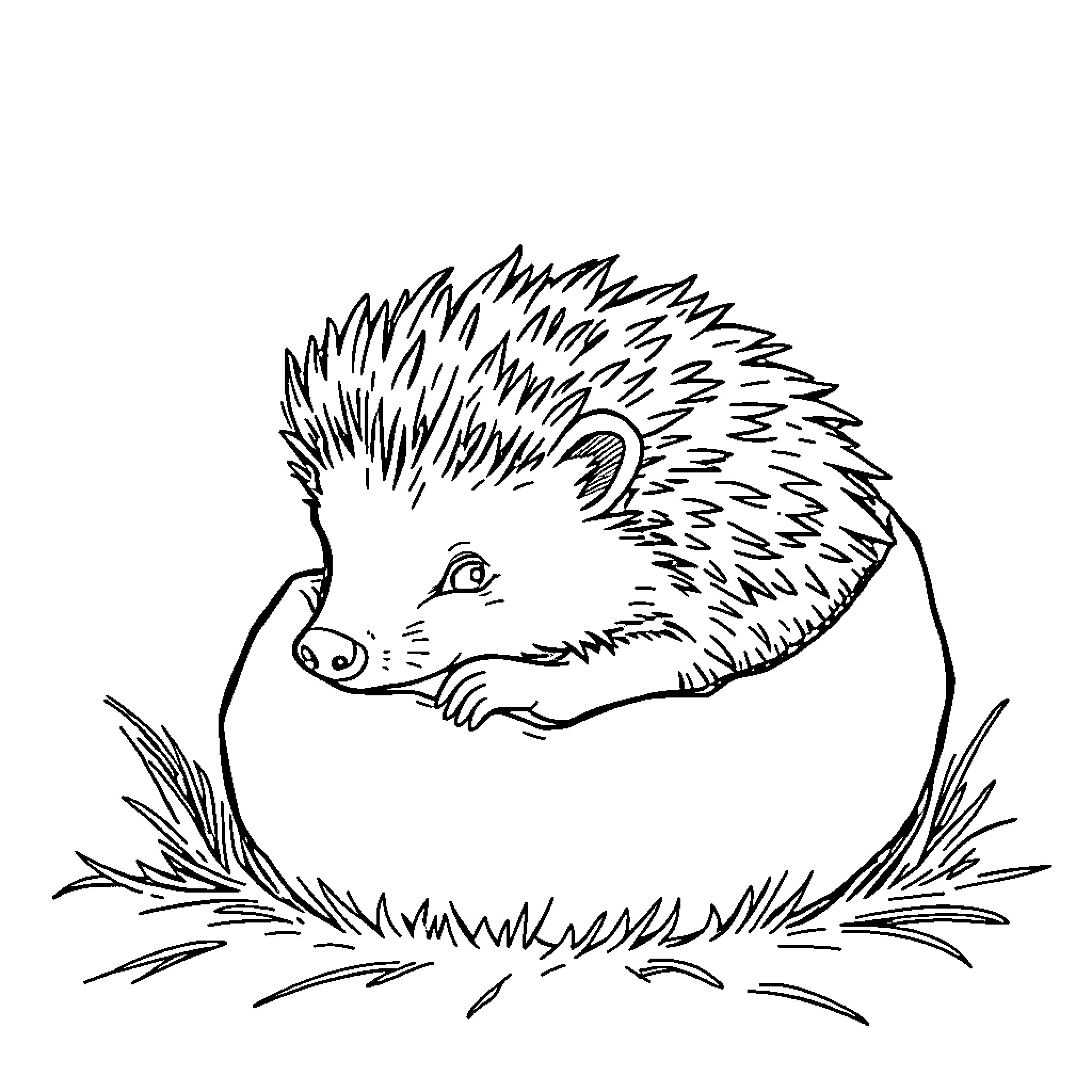 Hedgehog curled up in its nest Coloring Page (free black-and-white line drawing printable PDF for all, from beginners to advanced learners, including children, teens, adults, and seniors)