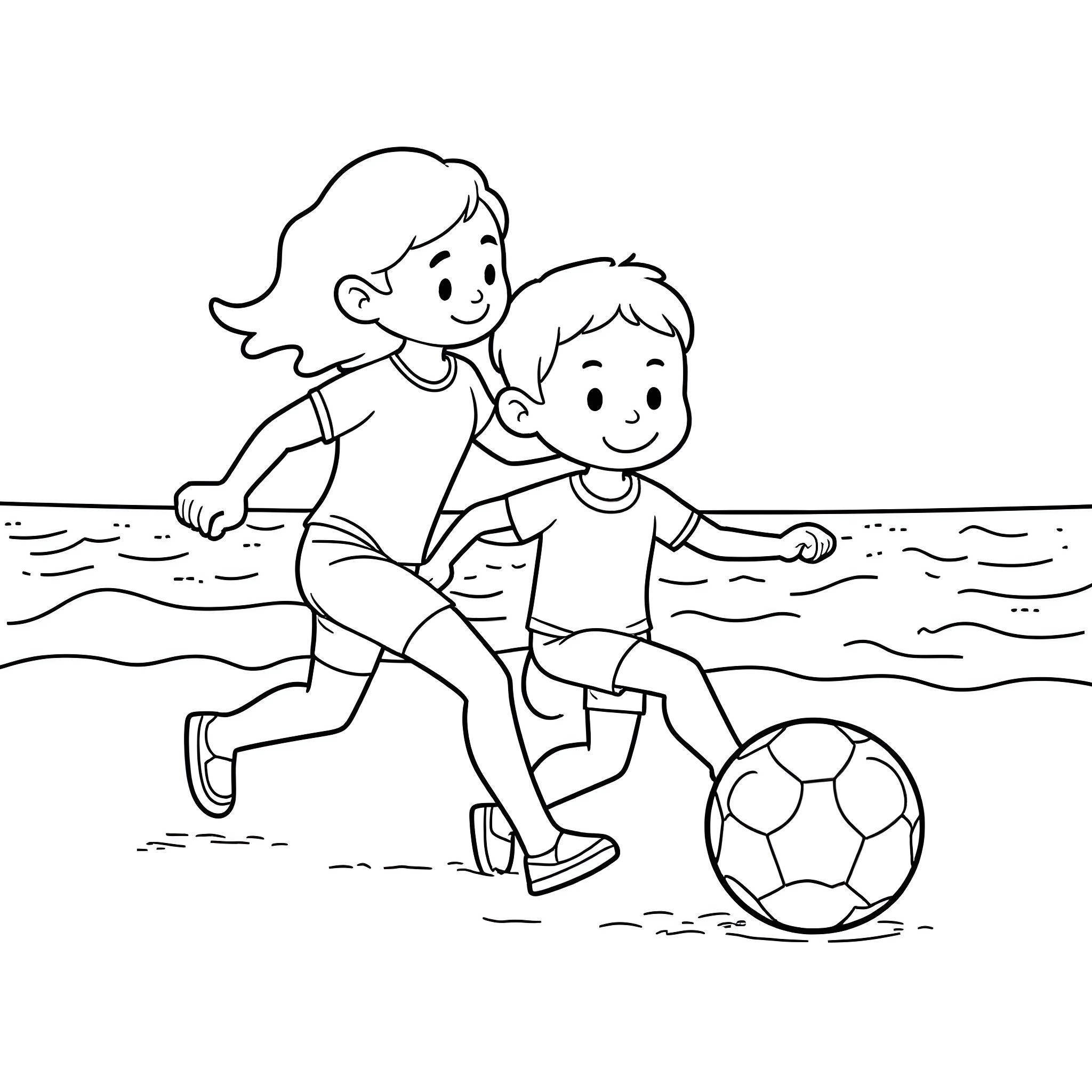 Bluey and friend playing with soccer ball on the beach Coloring Page (free black-and-white line drawing printable PDF for all, from beginners to advanced learners, including children, teens, adults, and seniors)