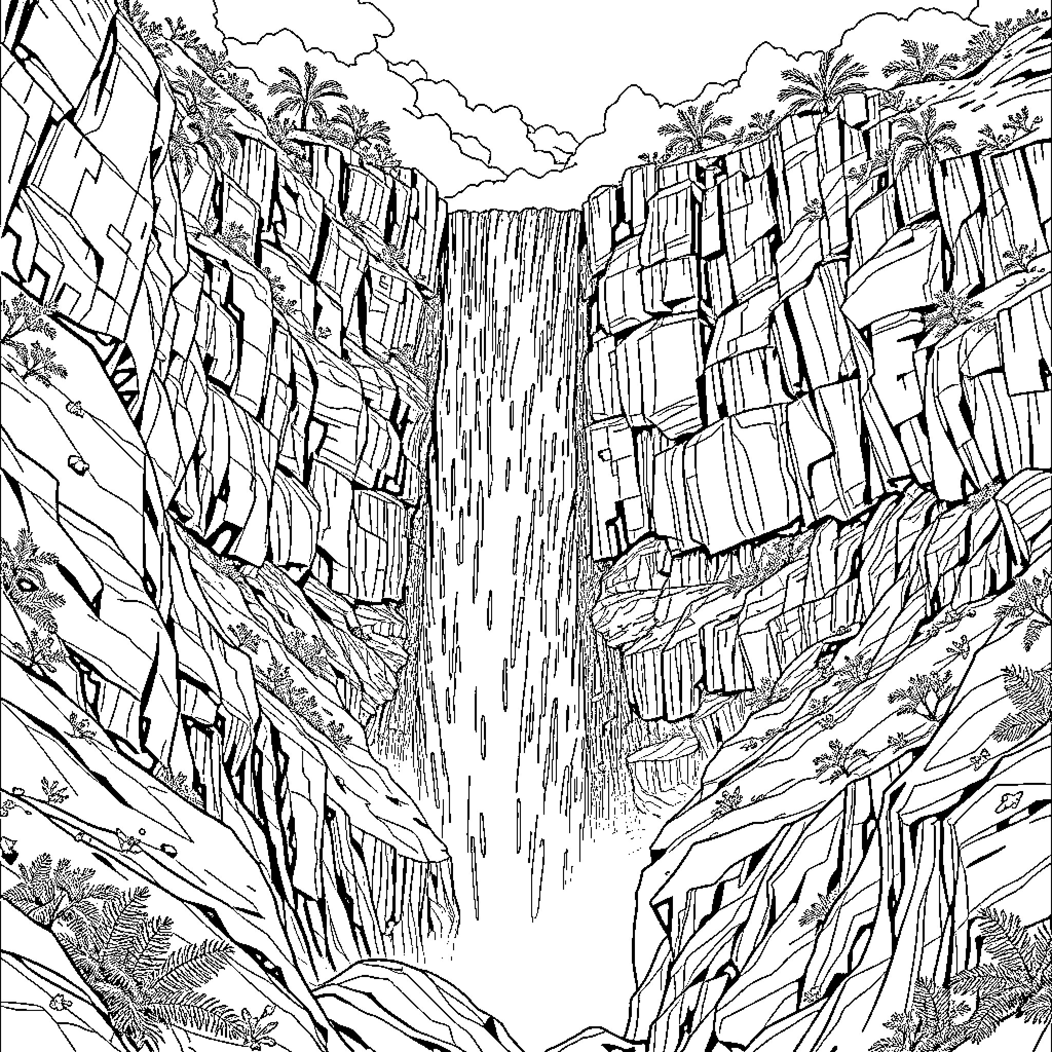 Waterfall Cascading Through Towering Cliffs Coloring Page (free black-and-white line drawing printable PDF for all, from beginners to advanced learners, including children, teens, adults, and seniors)