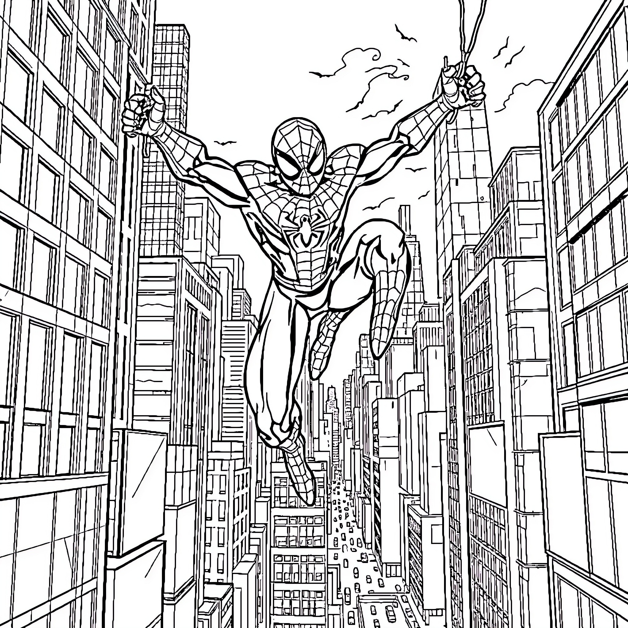 Spiderman swinging heroically through the city skyline Coloring Page (free black-and-white line drawing printable PDF for all, from beginners to advanced learners, including children, teens, adults, and seniors)