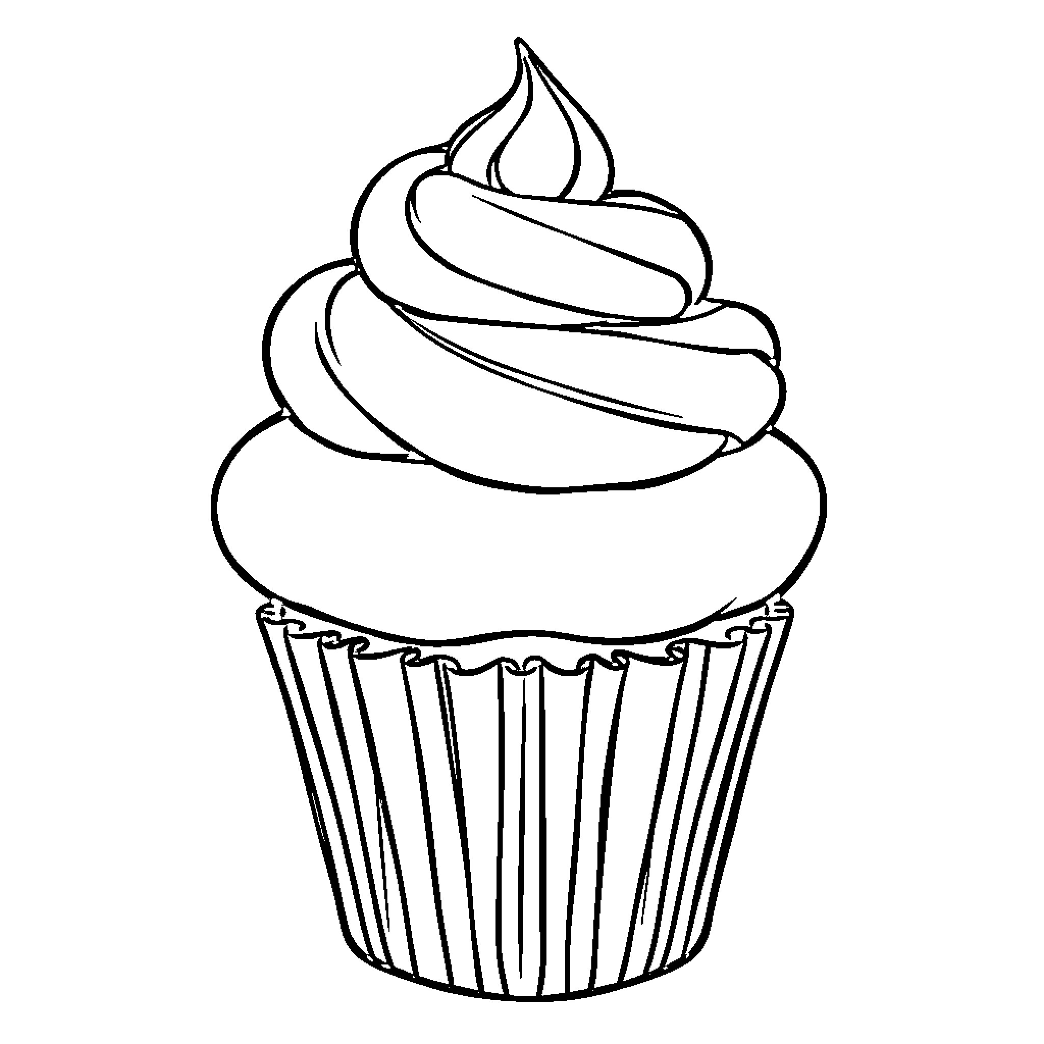 Cupcake with swirled topping Coloring Page (free black-and-white line drawing printable PDF for all, from beginners to advanced learners, including children, teens, adults, and seniors)