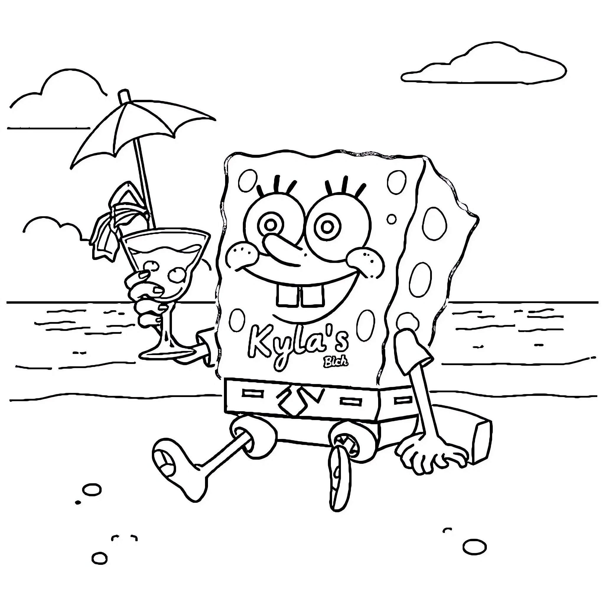 Spongebob enjoying a beach day Coloring Page (free black-and-white line drawing printable PDF for all, from beginners to advanced learners, including children, teens, adults, and seniors)
