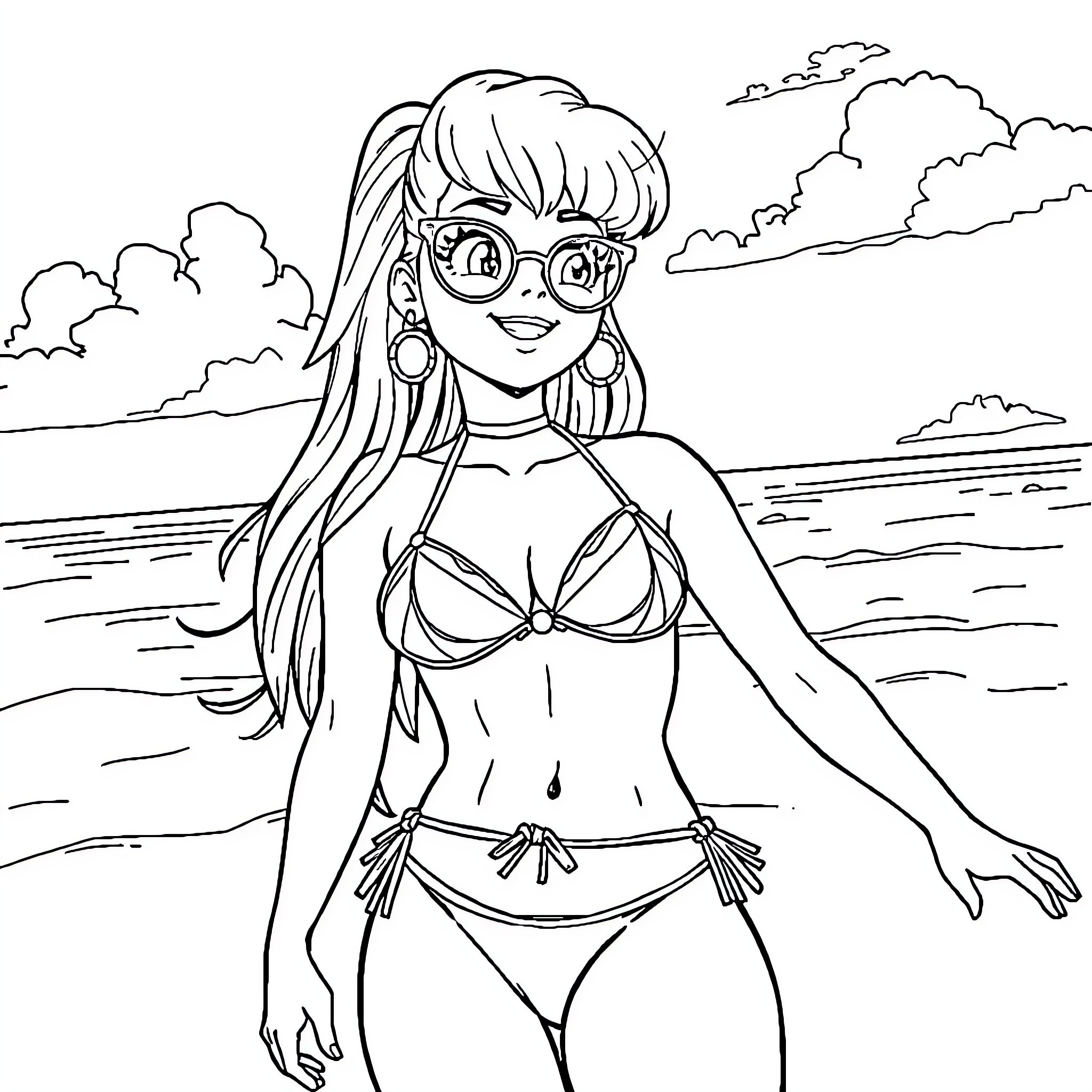 Bulma enjoying a day at the beach Coloring Page (free black-and-white line drawing printable PDF for all, from beginners to advanced learners, including children, teens, adults, and seniors)