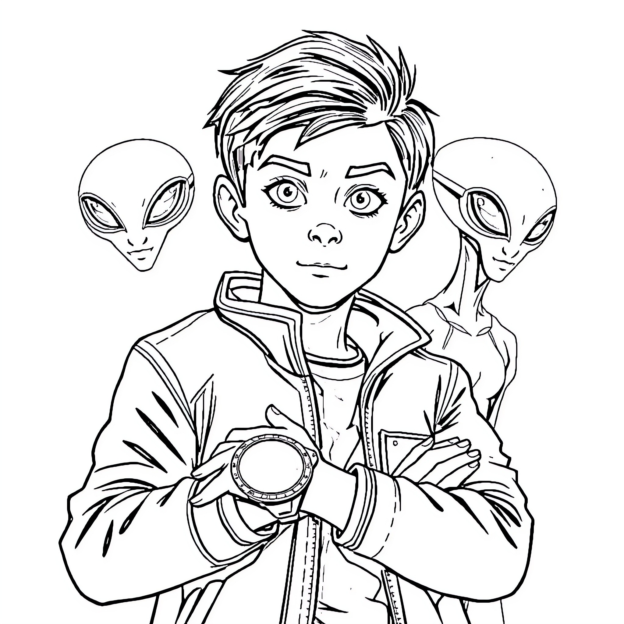 Ben 10 with Alien Friends in Action Coloring Page (free black-and-white line drawing printable PDF for all, from beginners to advanced learners, including children, teens, adults, and seniors)