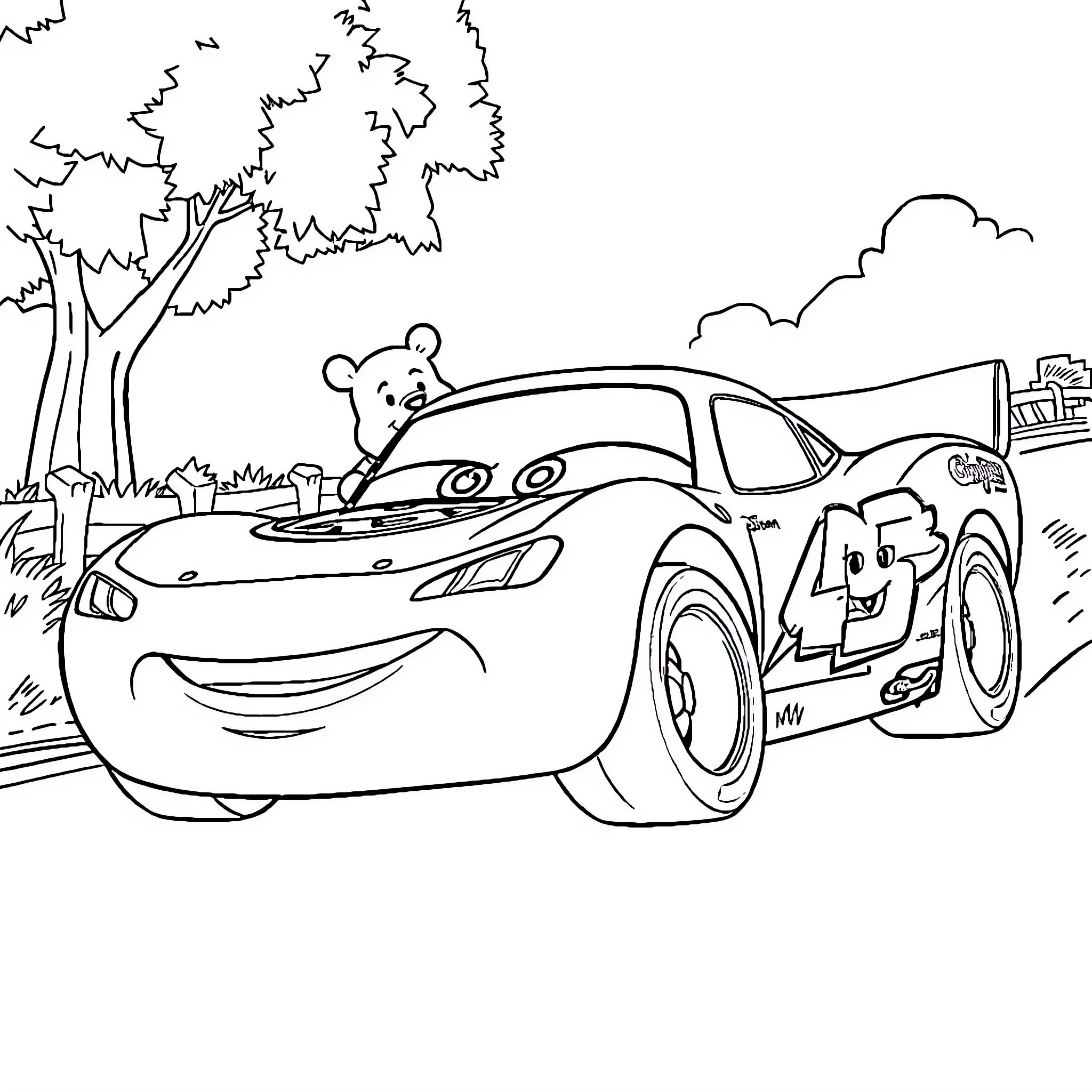 Lightning McQueen racing through the countryside Coloring Page (free black-and-white line drawing printable PDF for all, from beginners to advanced learners, including children, teens, adults, and seniors)