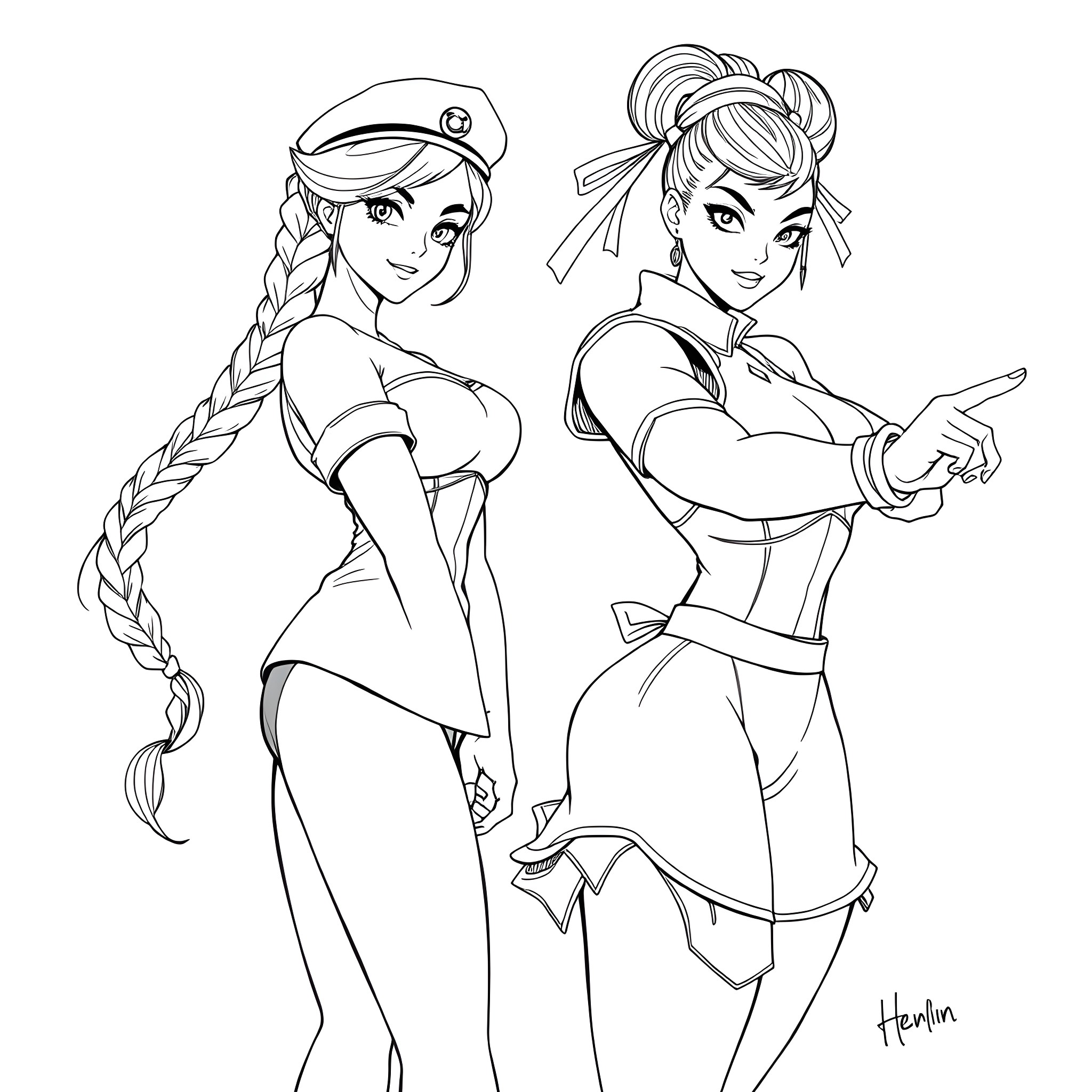 Cammy And Chun Li Striking Heroic Poses Coloring Page (free black-and-white line drawing printable PDF for all, from beginners to advanced learners, including children, teens, adults, and seniors)