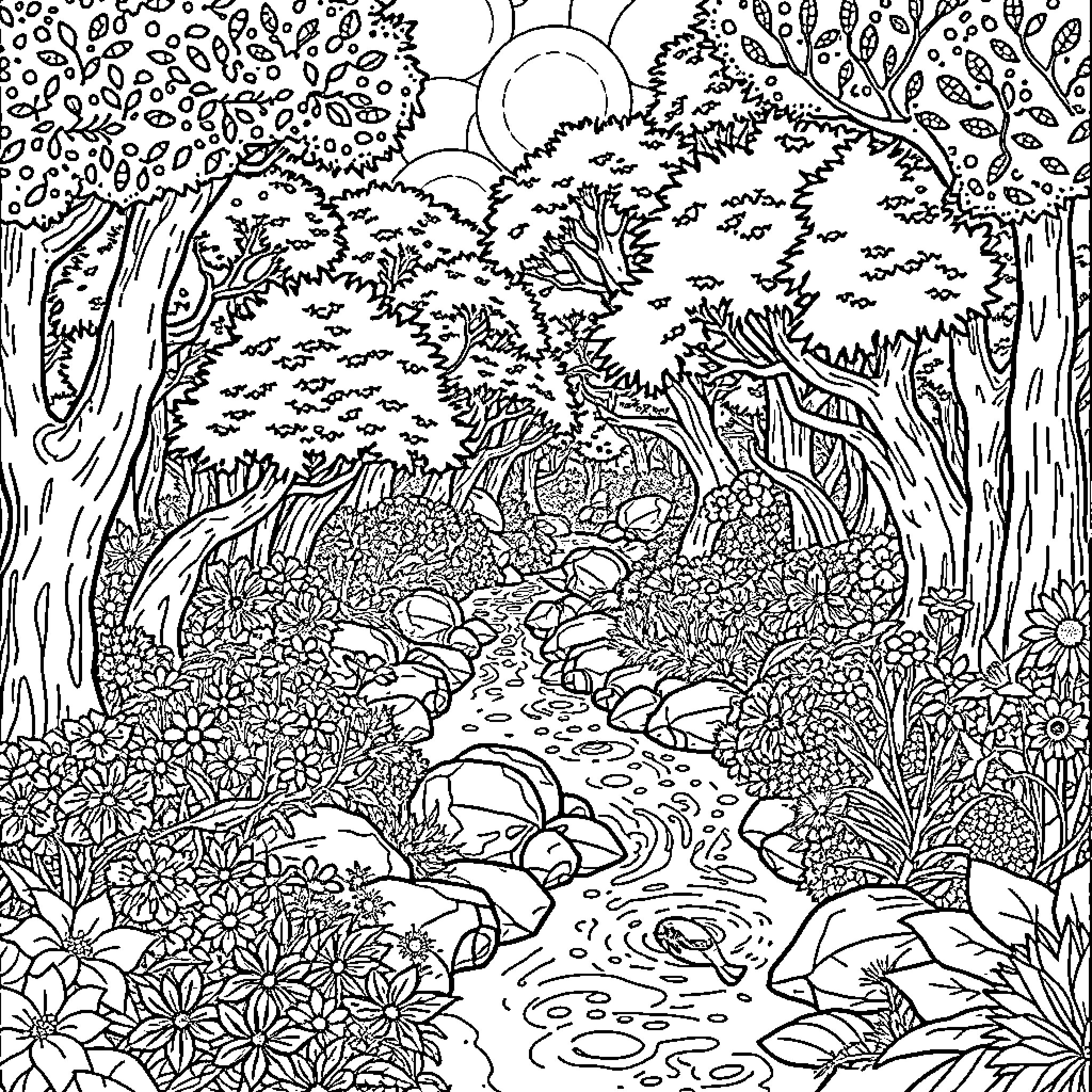 Garden of tranquil wilderness and natural beauty Coloring Page (free black-and-white line drawing printable PDF for all, from beginners to advanced learners, including children, teens, adults, and seniors)