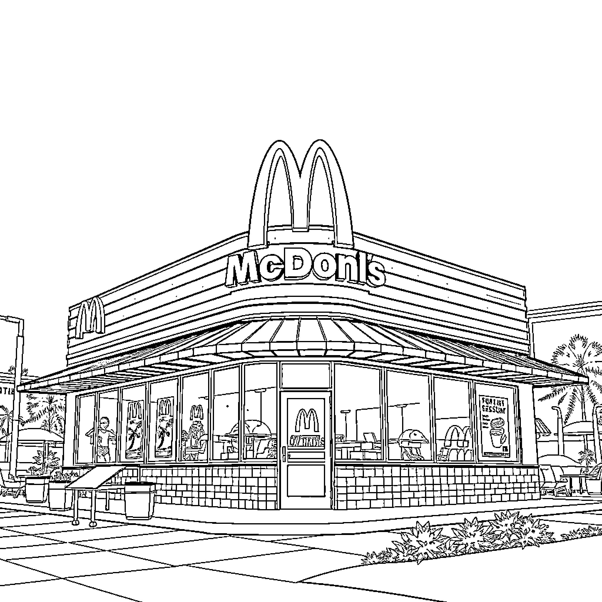 McDonald's restaurant with outdoor seating and signage Coloring Page (free black-and-white line drawing printable PDF for all, from beginners to advanced learners, including children, teens, adults, and seniors)