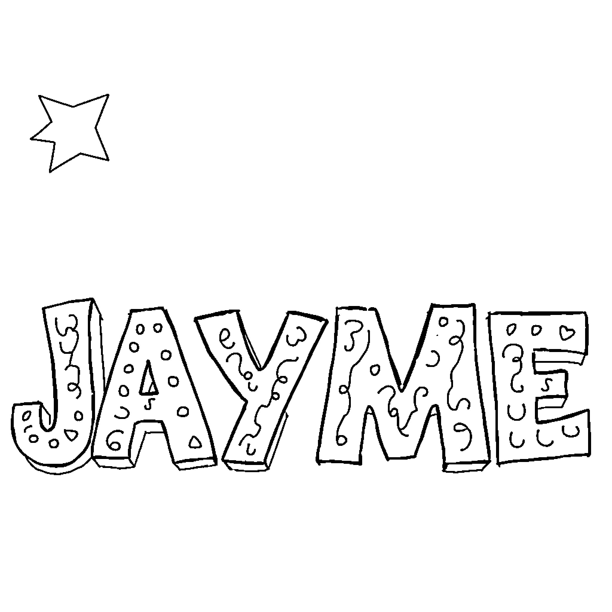 Jayme's Playful and Doodle-Inspired Name Coloring Page (free black-and-white line drawing printable PDF for all, from beginners to advanced learners, including children, teens, adults, and seniors)