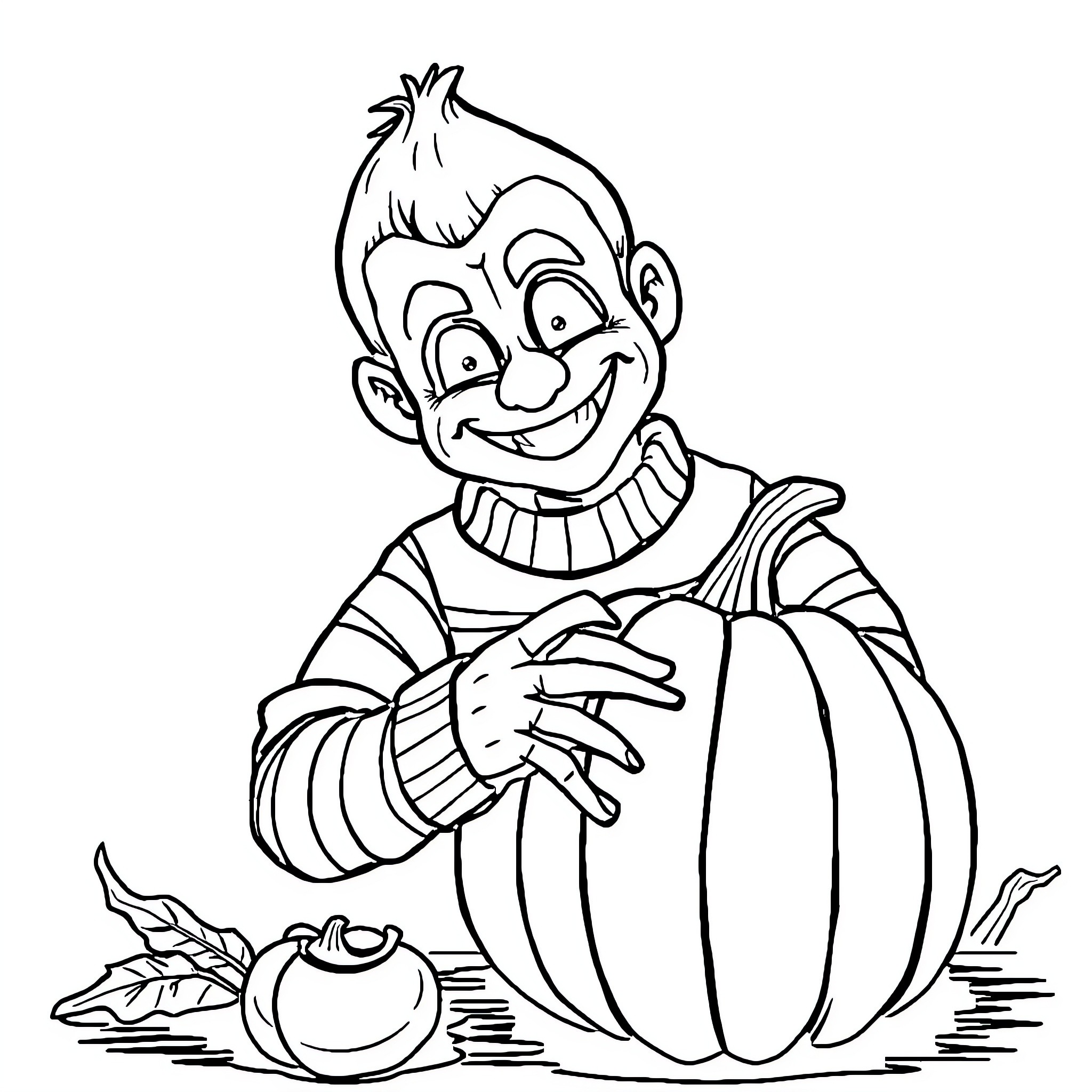 Freddy Krueger Carving a Pumpkin with Glee Coloring Page (free black-and-white line drawing printable PDF for all, from beginners to advanced learners, including children, teens, adults, and seniors)