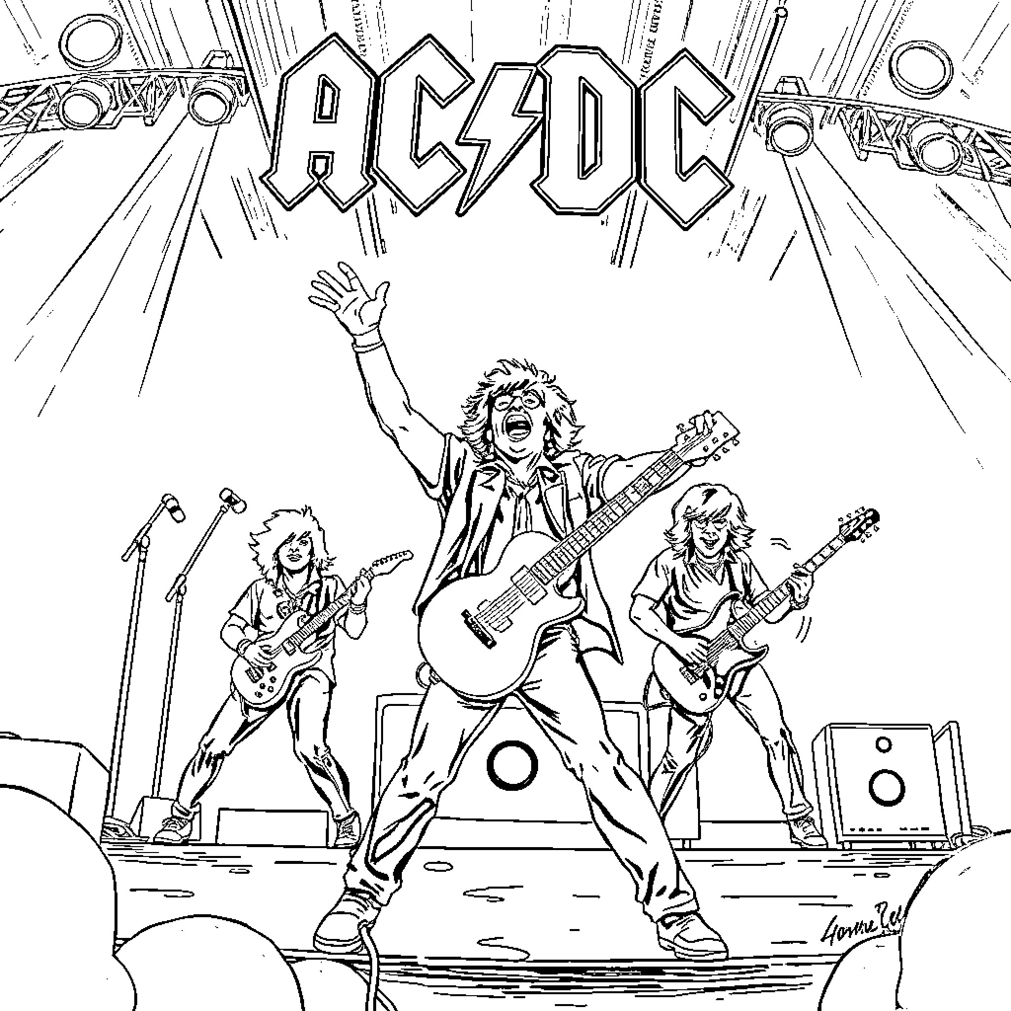 ACDC Rocking Out on Stage Coloring Page (free black-and-white line drawing printable PDF for all, from beginners to advanced learners, including children, teens, adults, and seniors)