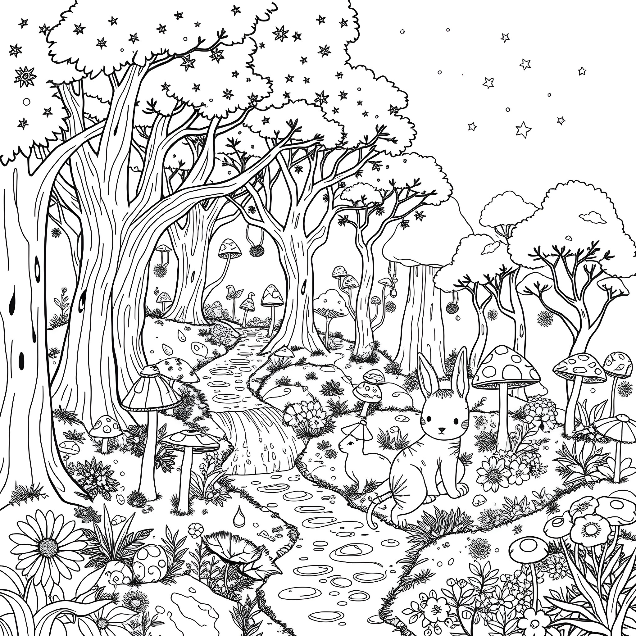 Fairy Tale Forest with Enchanting Creatures Coloring Page (free black-and-white line drawing printable PDF for all, from beginners to advanced learners, including children, teens, adults, and seniors)