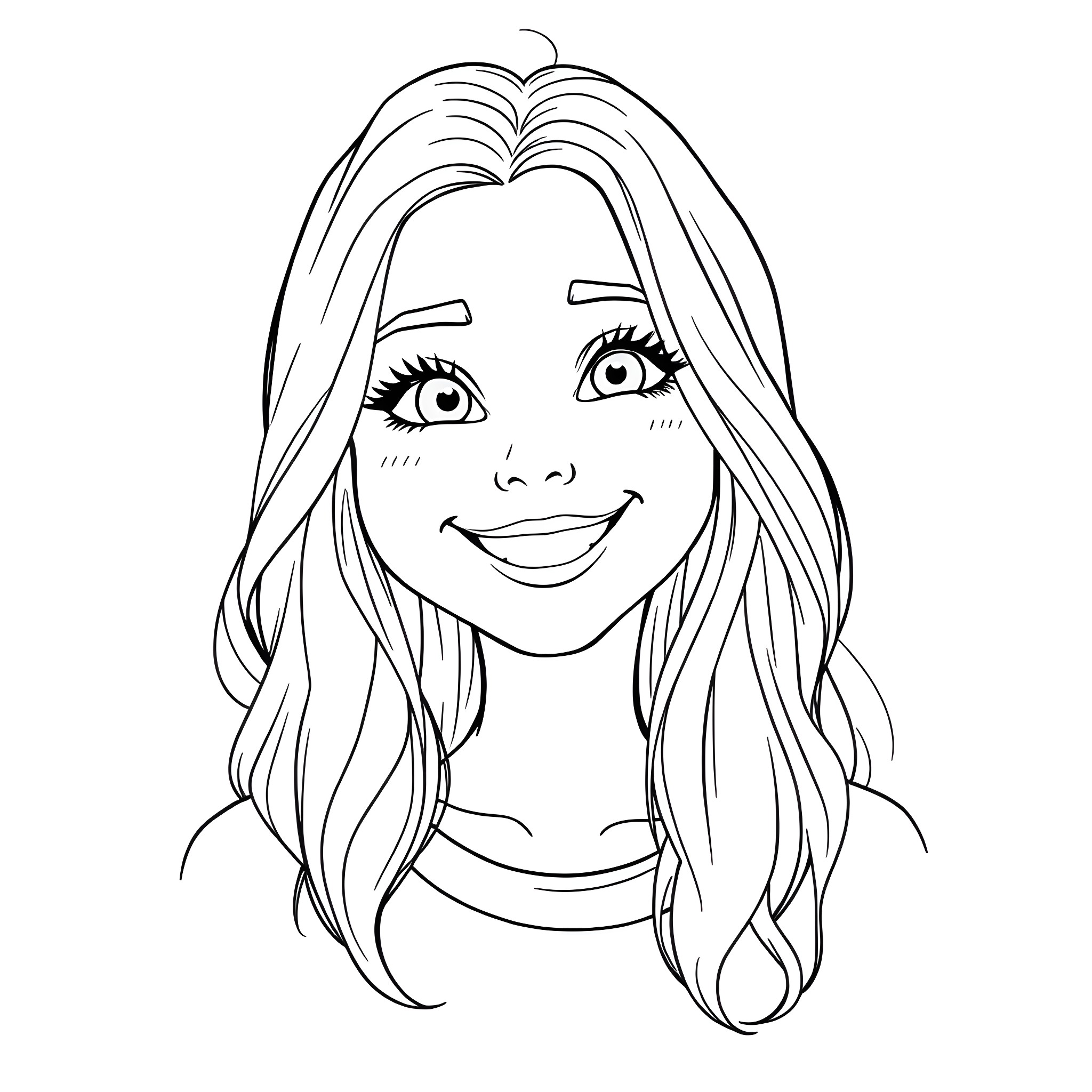 Samantha Saint smiling happily with long hair Coloring Page (free black-and-white line drawing printable PDF for all, from beginners to advanced learners, including children, teens, adults, and seniors)