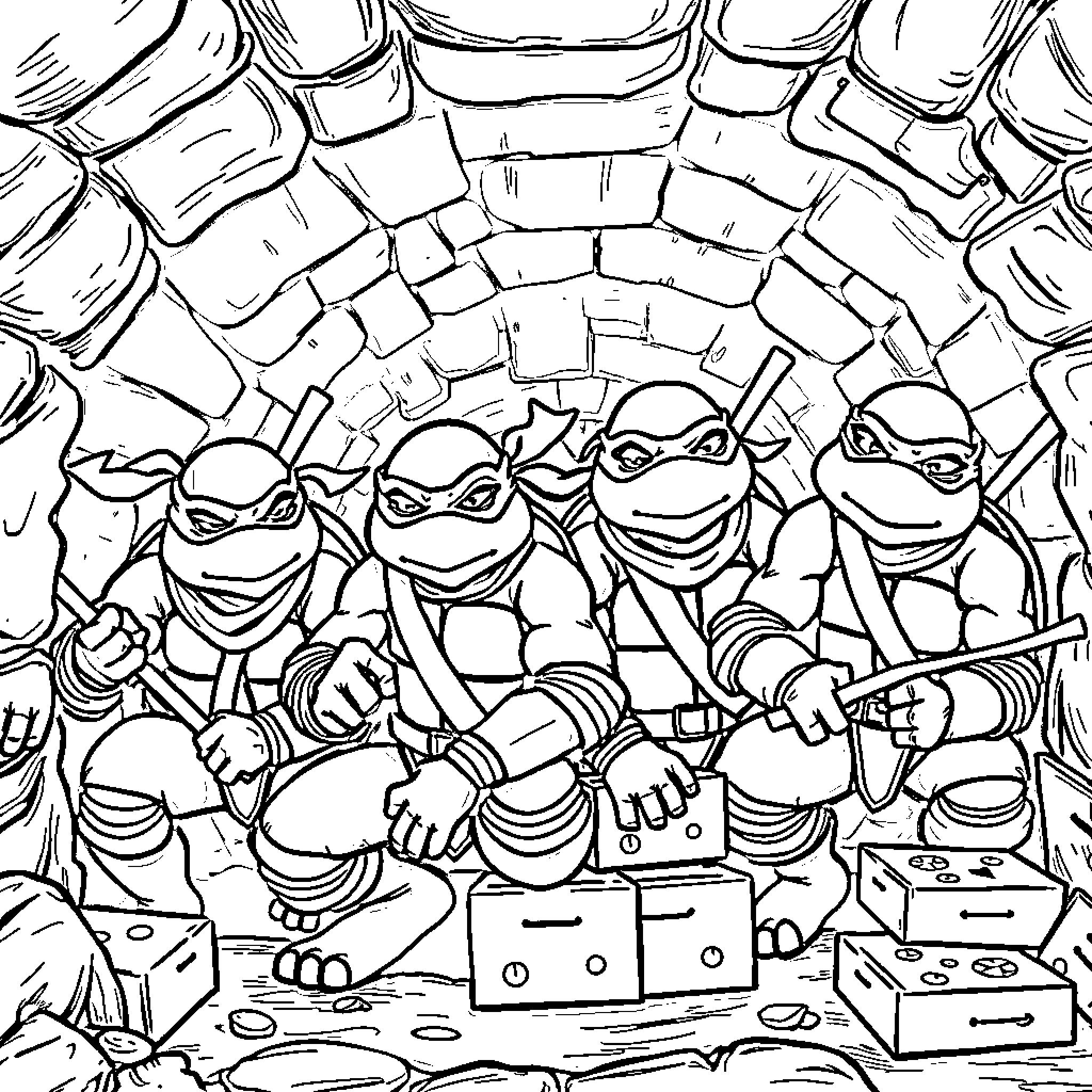 Teenage Mutant Ninja Turtles in action Coloring Page (free black-and-white line drawing printable PDF for all, from beginners to advanced learners, including children, teens, adults, and seniors)