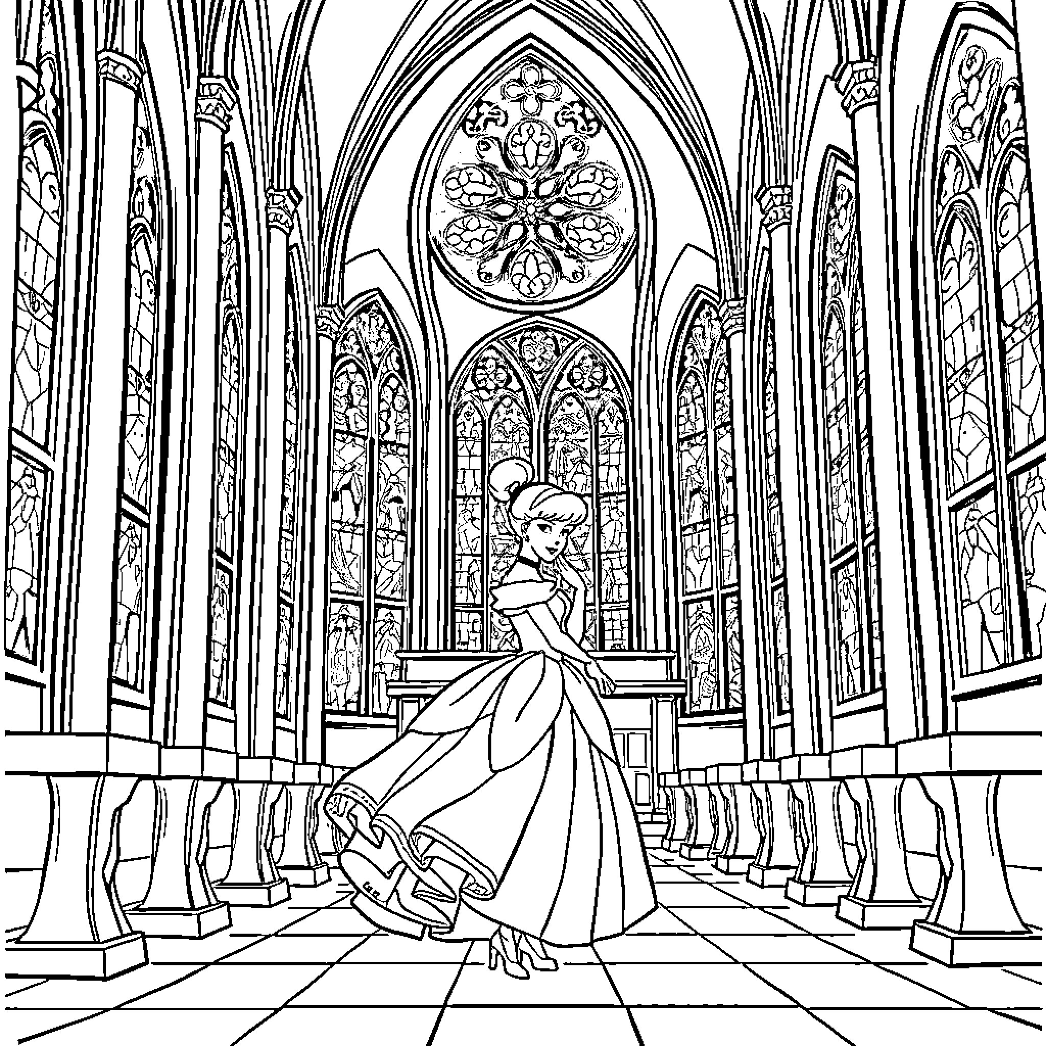 Cinderella's Enchanting Cathedral Adventure Coloring Page (free black-and-white line drawing printable PDF for all, from beginners to advanced learners, including children, teens, adults, and seniors)