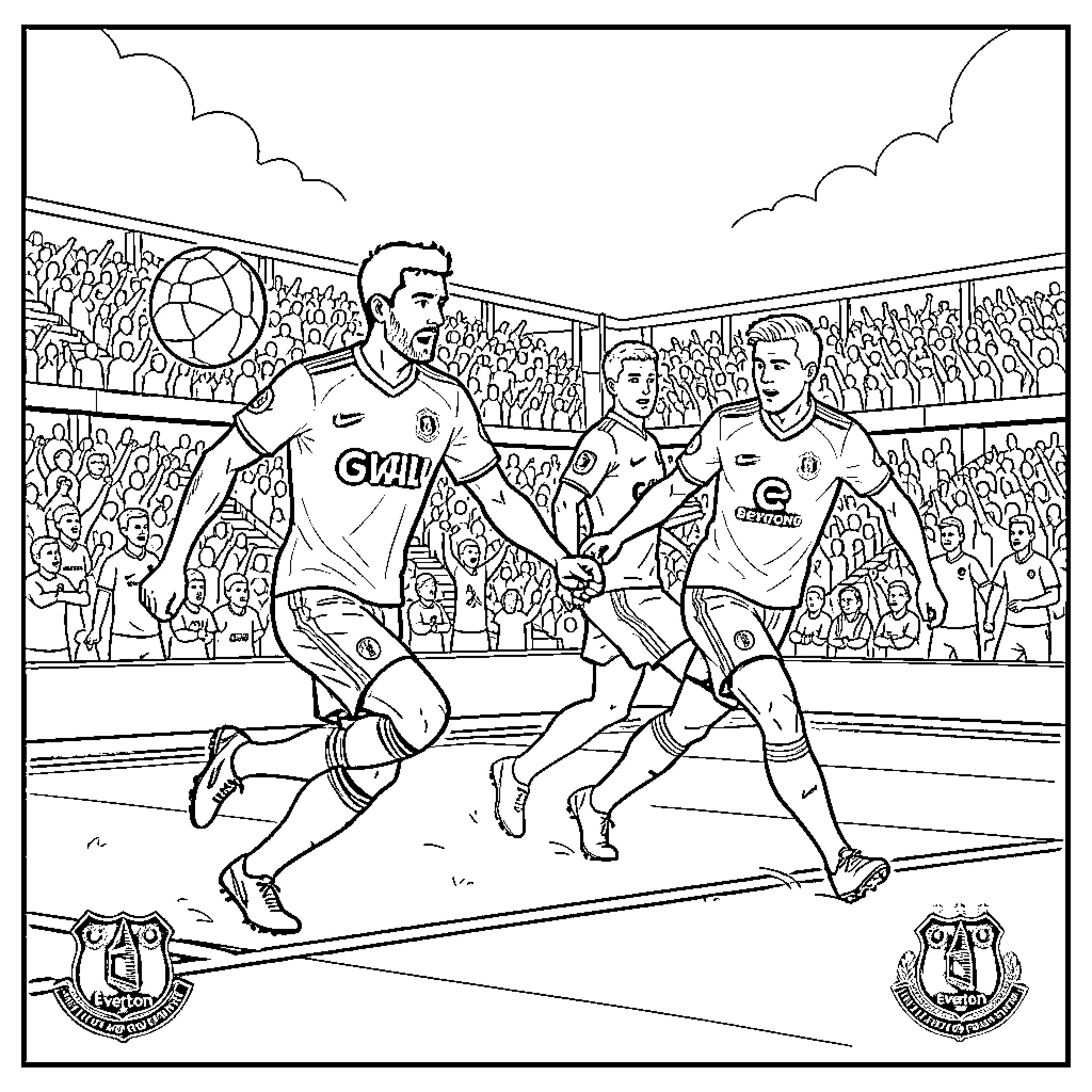 Everton FC players competing in an intense soccer match Coloring Page (free black-and-white line drawing printable PDF for all, from beginners to advanced learners, including children, teens, adults, and seniors)