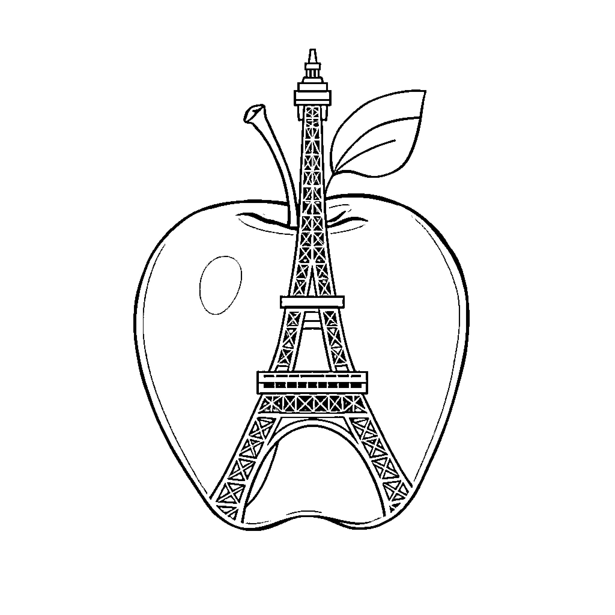 Apple Featuring Iconic Eiffel Tower Landmark Coloring Page (free black-and-white line drawing printable PDF for all, from beginners to advanced learners, including children, teens, adults, and seniors)