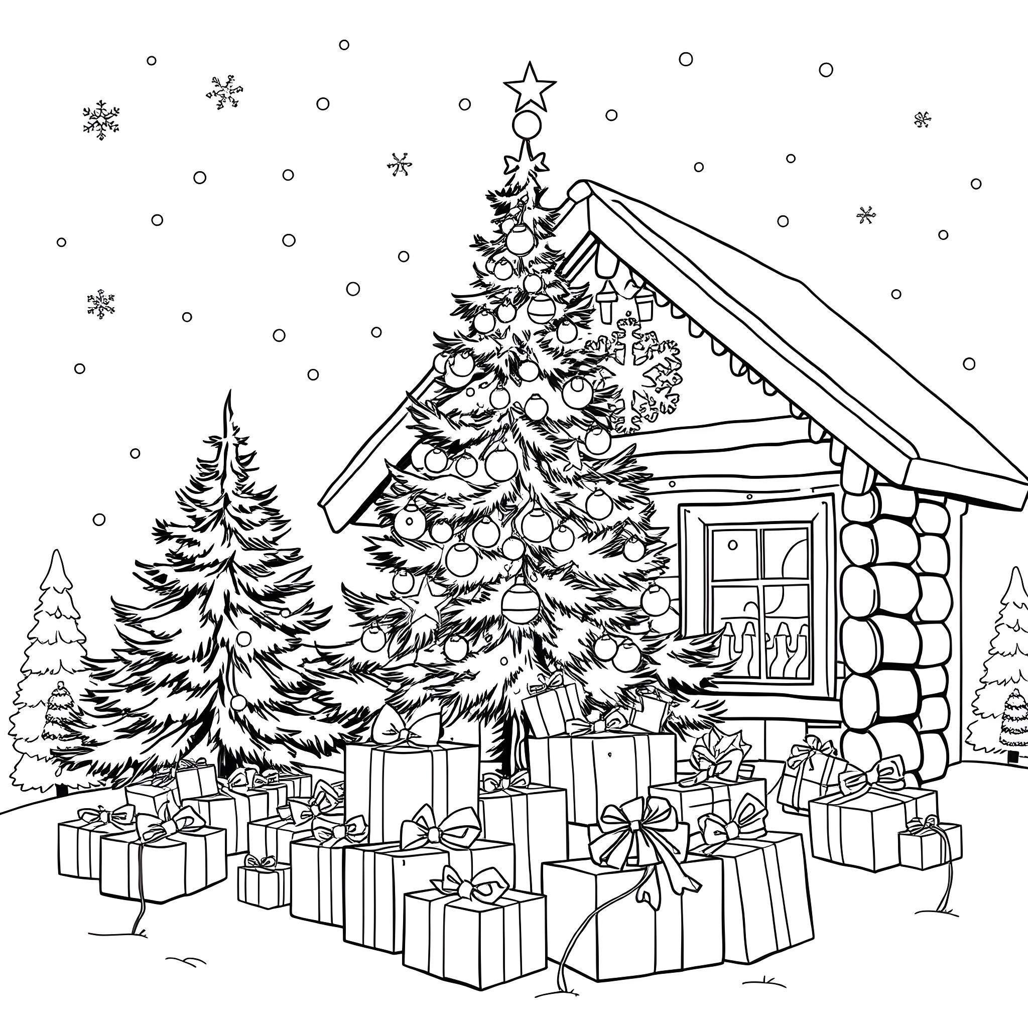 Christmas Cottage with Decorated Tree and Presents Coloring Page (free black-and-white line drawing printable PDF for all, from beginners to advanced learners, including children, teens, adults, and seniors)