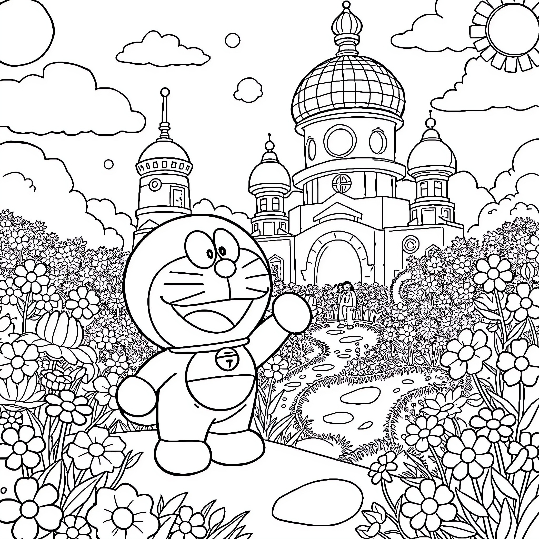Doraemon exploring a whimsical fantasy landscape Coloring Page (free black-and-white line drawing printable PDF for all, from beginners to advanced learners, including children, teens, adults, and seniors)