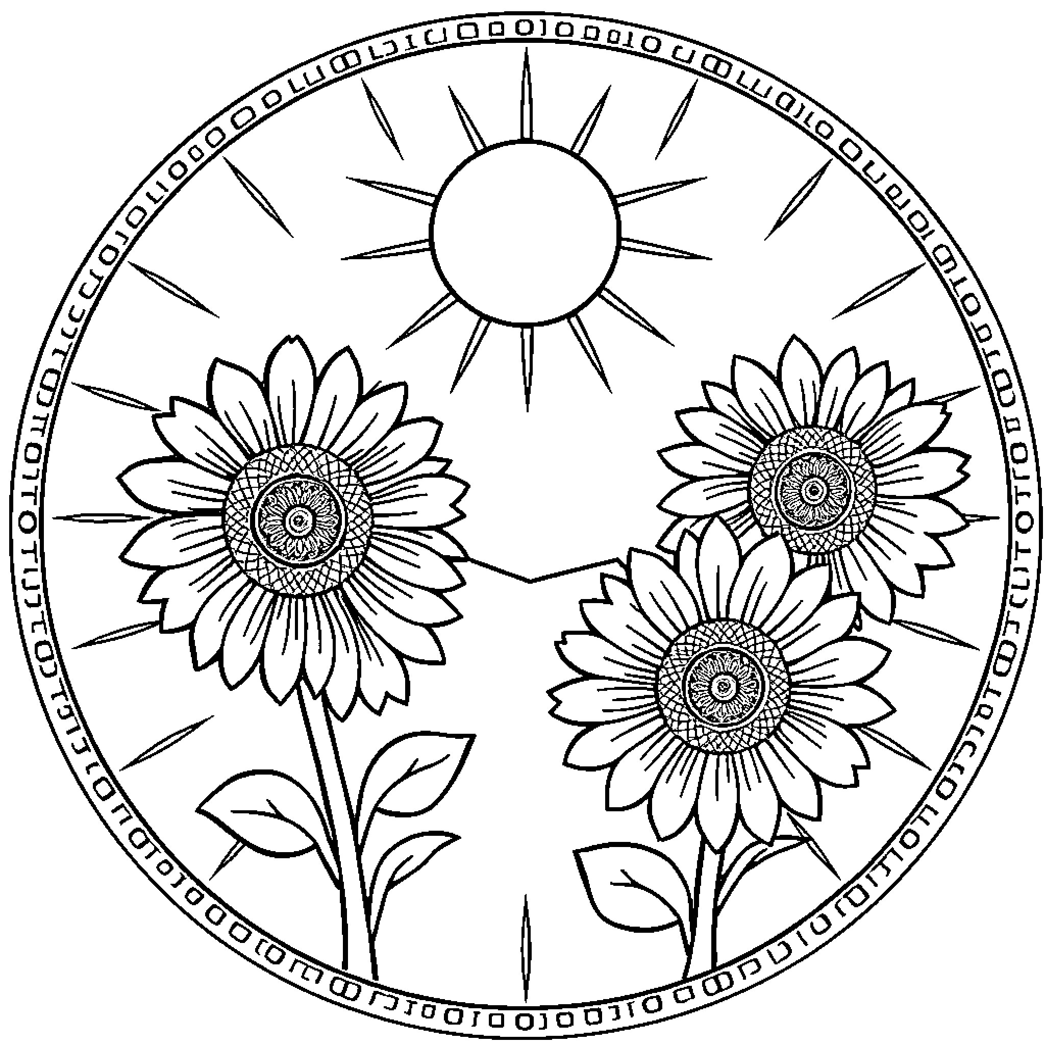 Mandala with Sunflowers and Sun Coloring Page (free black-and-white line drawing printable PDF for all, from beginners to advanced learners, including children, teens, adults, and seniors)