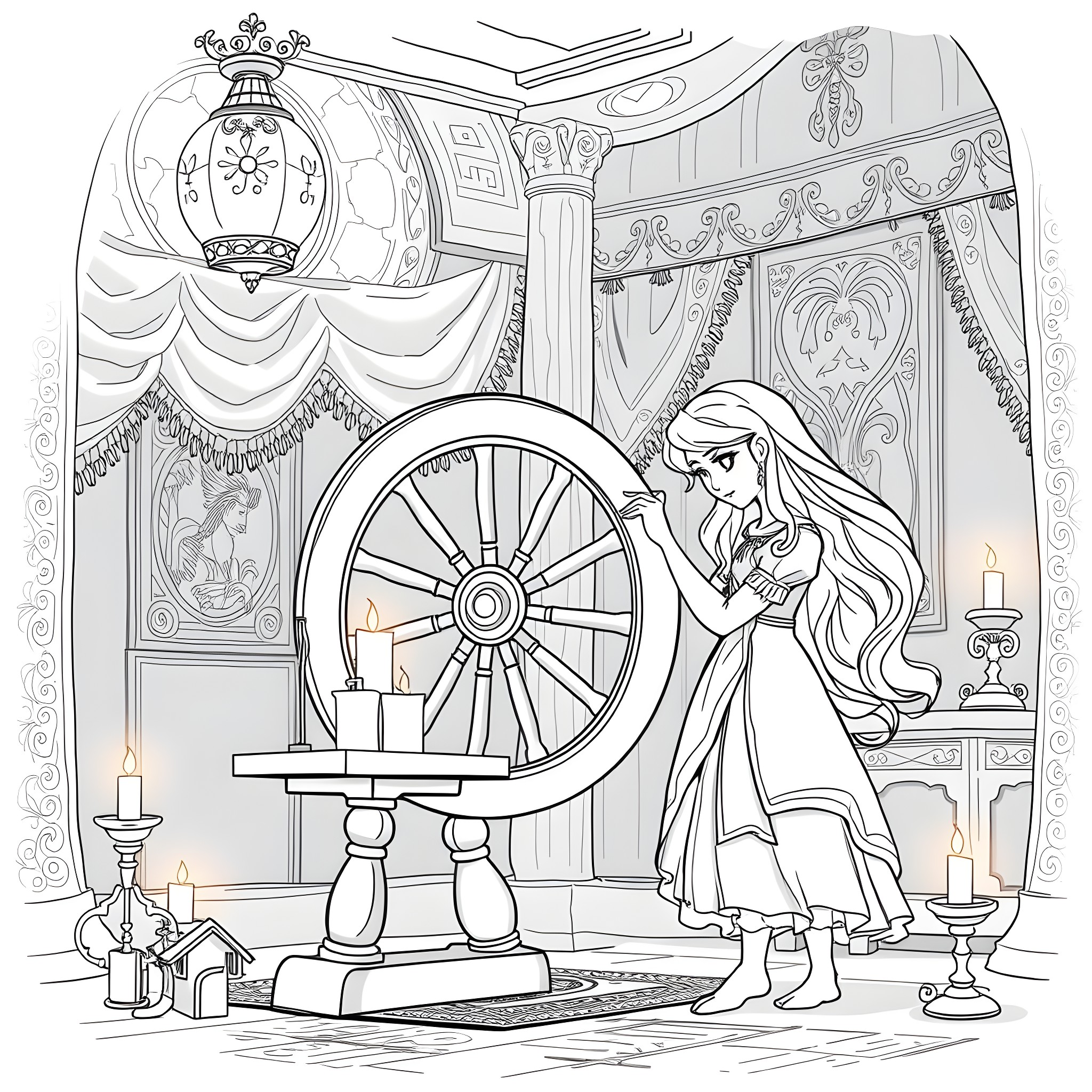 Sleeping Beauty spinning a magical wheel in a lavish palace Coloring Page (free black-and-white line drawing printable PDF for all, from beginners to advanced learners, including children, teens, adults, and seniors)