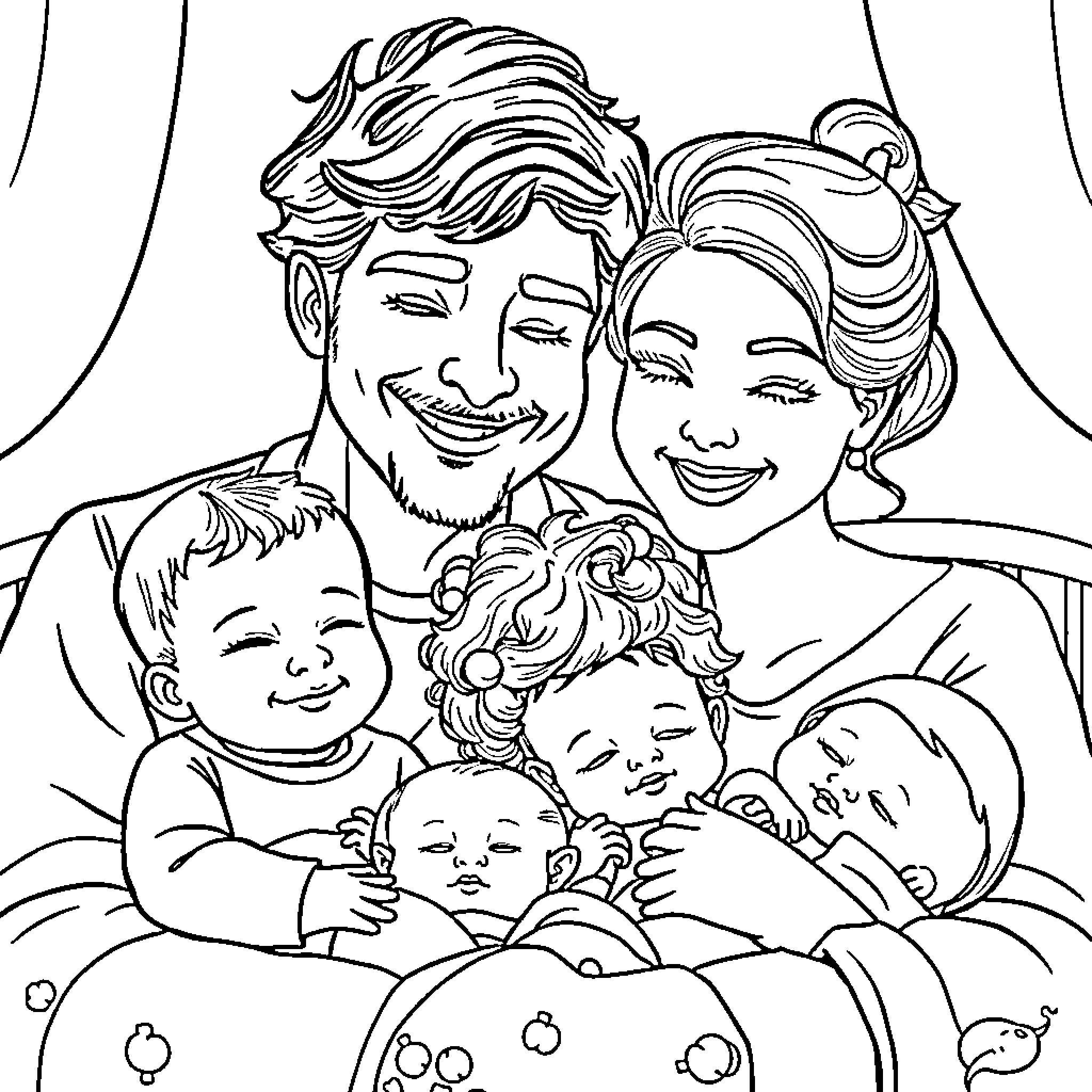 Family Embracing and Smiling Joyfully Coloring Page (free black-and-white line drawing printable PDF for all, from beginners to advanced learners, including children, teens, adults, and seniors)