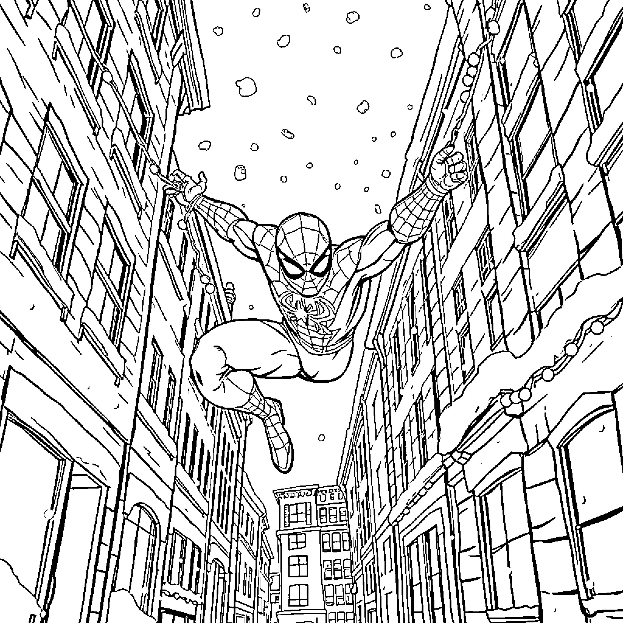 Spider-Man swinging through the city streets Coloring Page (free black-and-white line drawing printable PDF for all, from beginners to advanced learners, including children, teens, adults, and seniors)