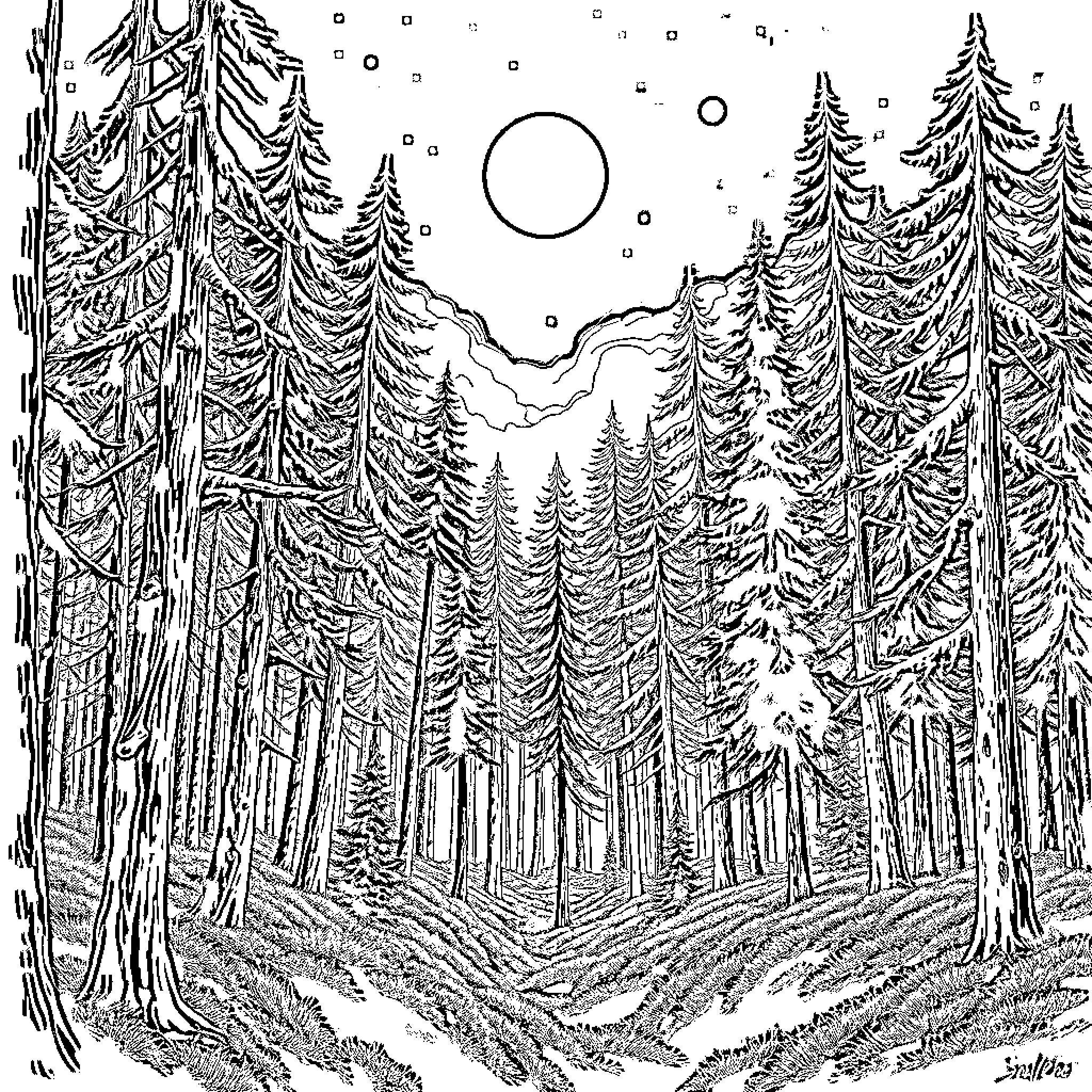 Forest scene with snowy trees and moon Coloring Page (free black-and-white line drawing printable PDF for all, from beginners to advanced learners, including children, teens, adults, and seniors)