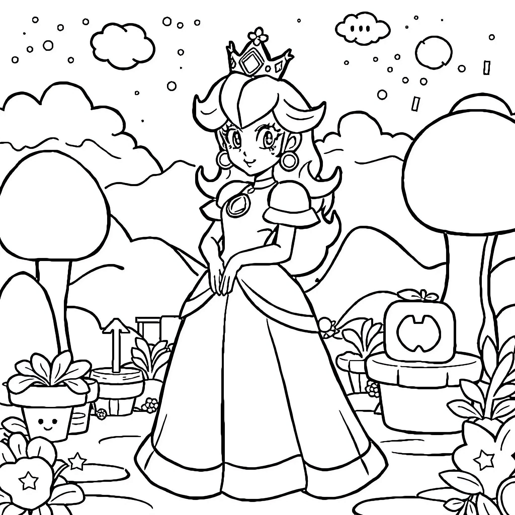 Princess Peach enjoying a picnic in the enchanted forest Coloring Page (free black-and-white line drawing printable PDF for all, from beginners to advanced learners, including children, teens, adults, and seniors)