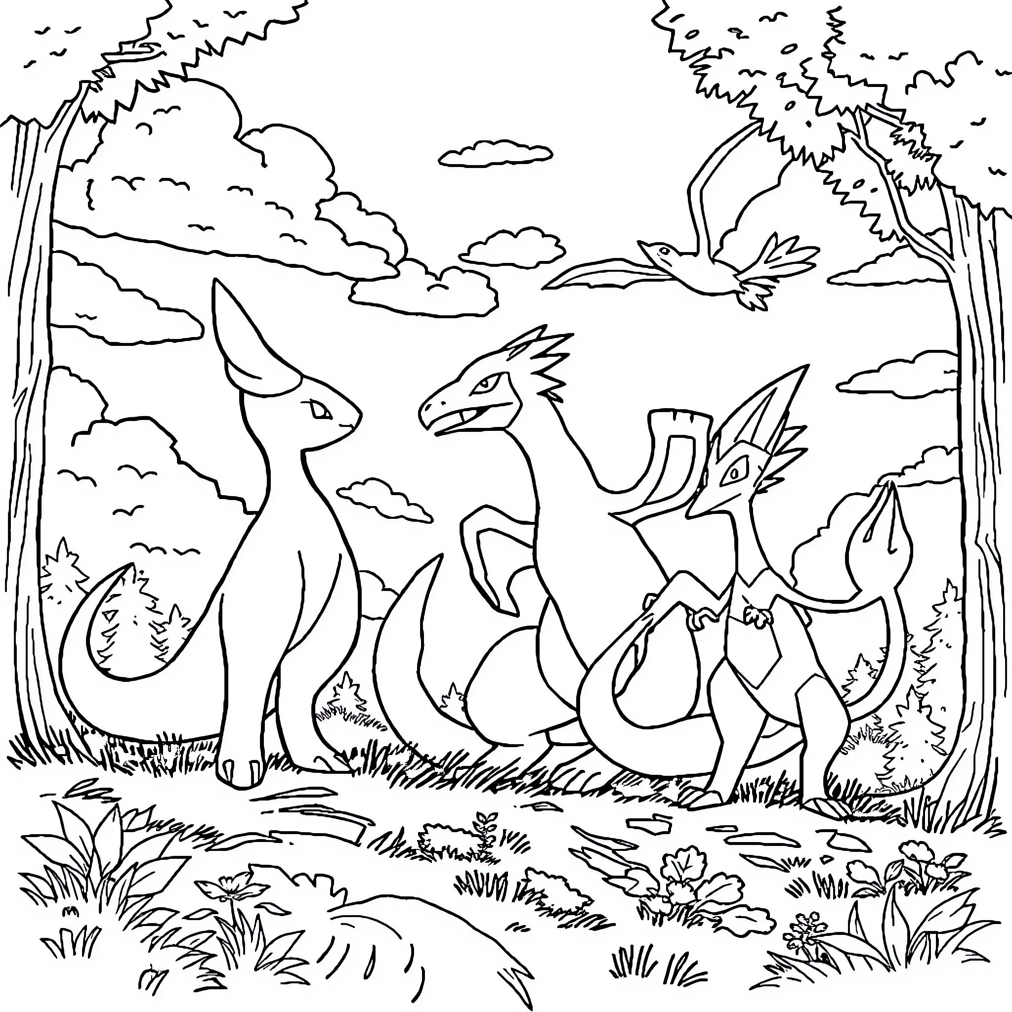 Pokémon characters interacting in a forest scene Coloring Page (free black-and-white line drawing printable PDF for all, from beginners to advanced learners, including children, teens, adults, and seniors)