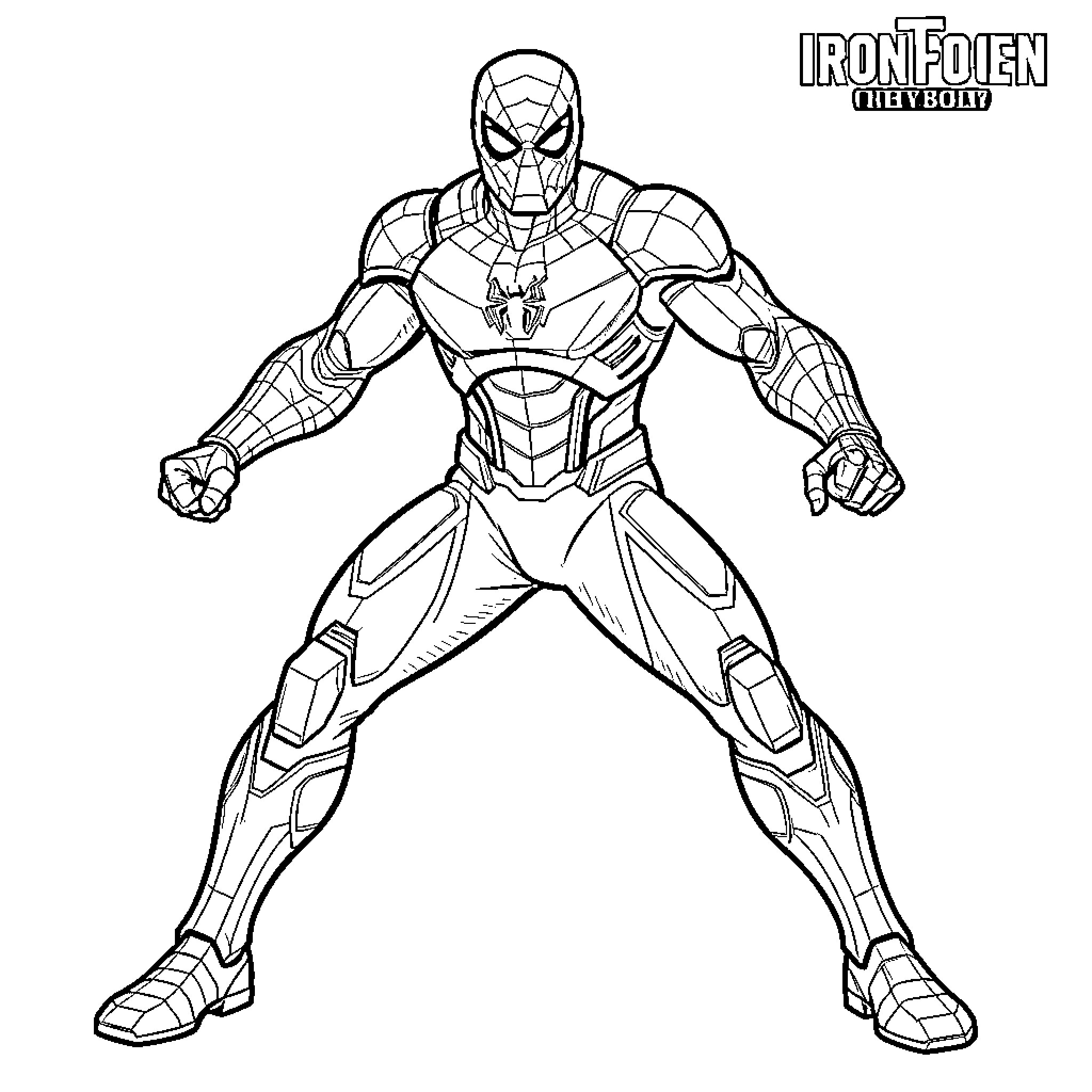 Iron Spider standing in a powerful heroic pose Coloring Page (free black-and-white line drawing printable PDF for all, from beginners to advanced learners, including children, teens, adults, and seniors)