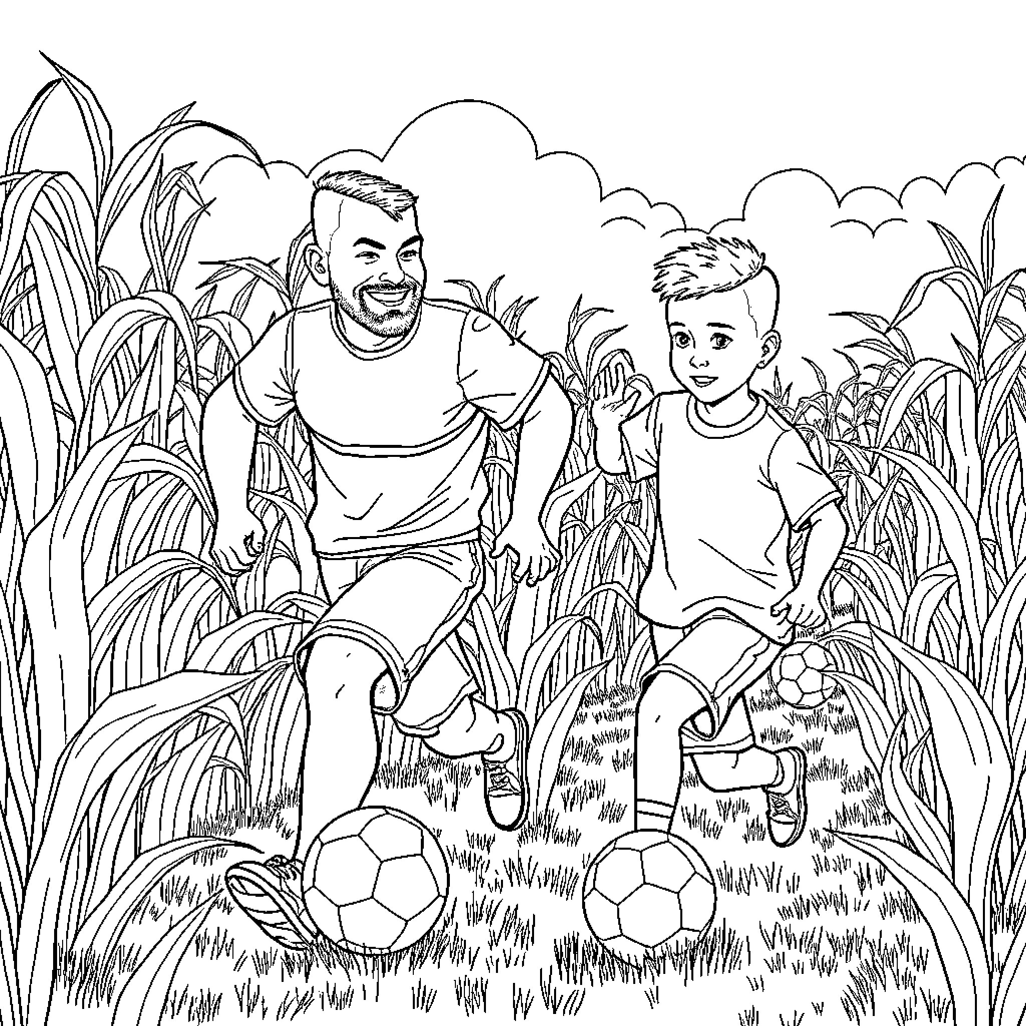 Man and boy playing soccer in grassy field Coloring Page (free black-and-white line drawing printable PDF for all, from beginners to advanced learners, including children, teens, adults, and seniors)
