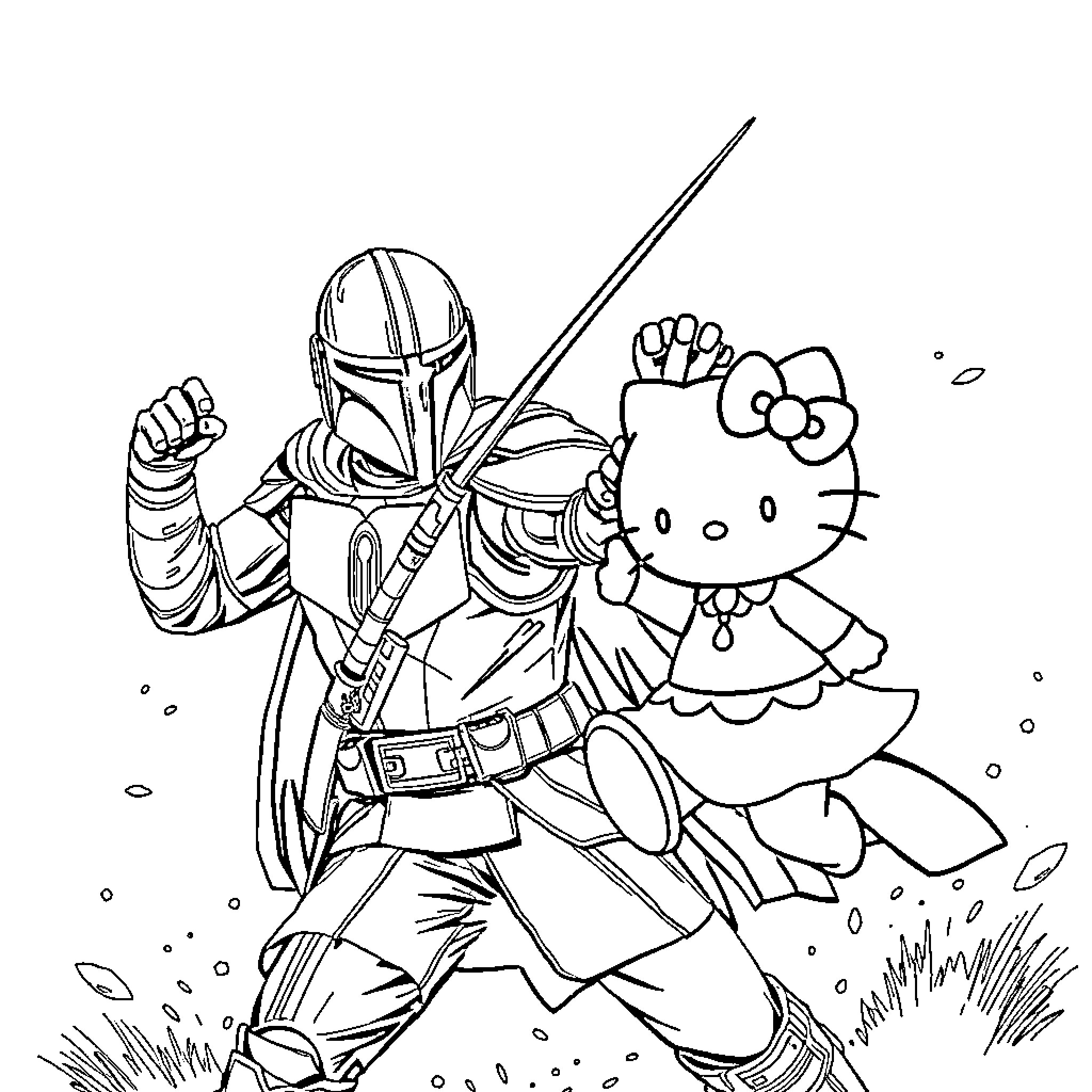 Mandalorian Warrior and Hello Kitty Adventure Coloring Page (free black-and-white line drawing printable PDF for all, from beginners to advanced learners, including children, teens, adults, and seniors)