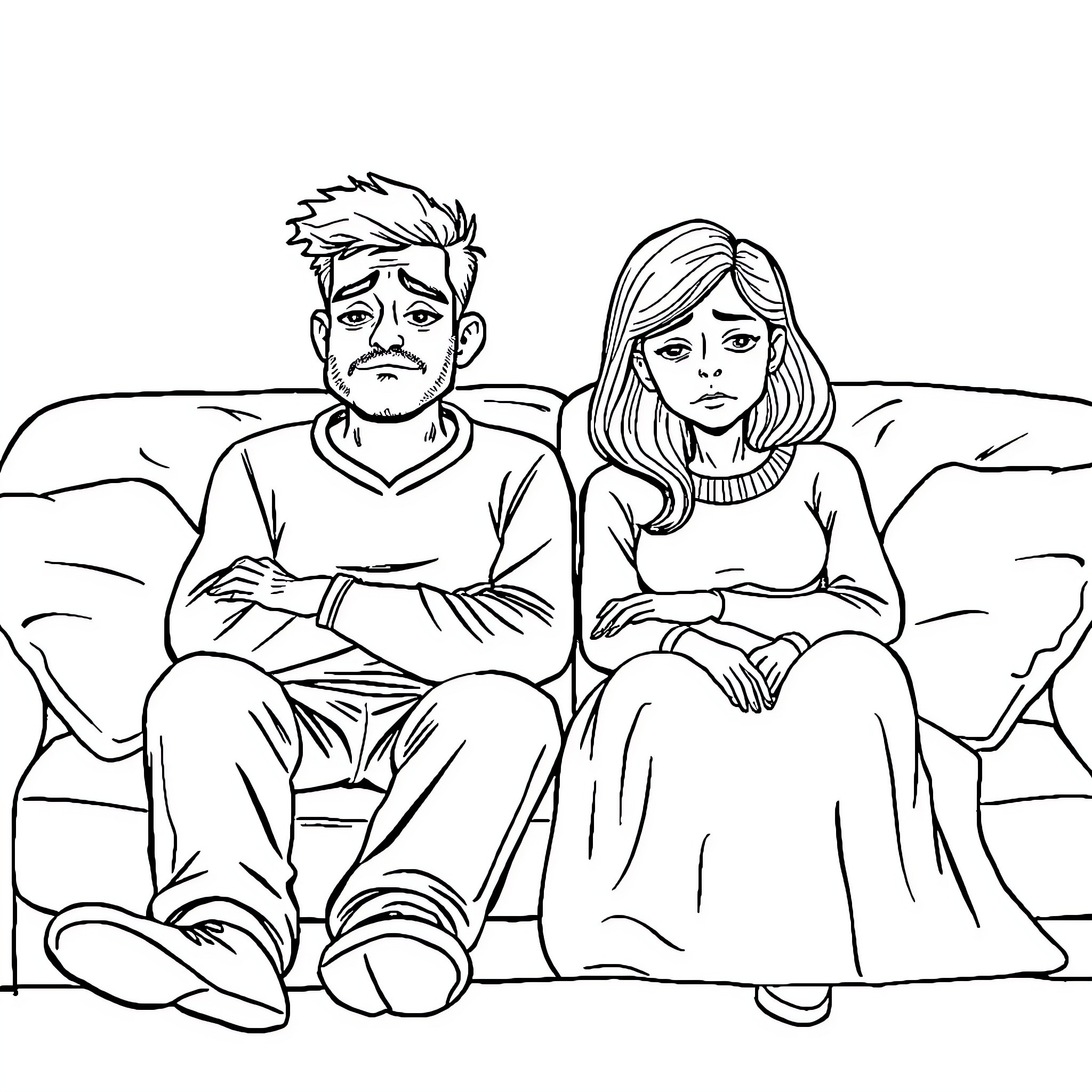 Dad and daughter share a somber moment Coloring Page (free black-and-white line drawing printable PDF for all, from beginners to advanced learners, including children, teens, adults, and seniors)