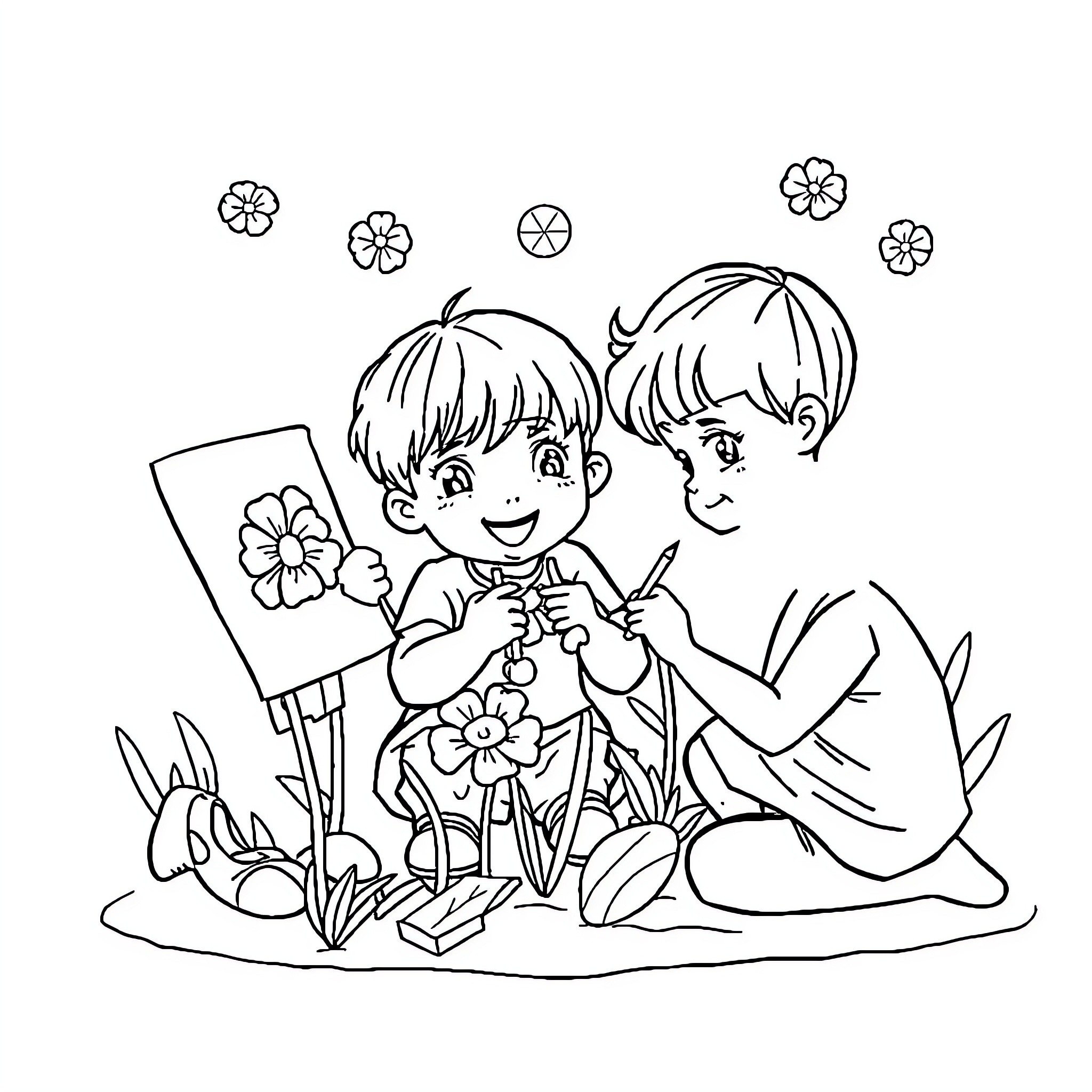 Color By Number: Children painting flowers in nature Coloring Page (free black-and-white line drawing printable PDF for all, from beginners to advanced learners, including children, teens, adults, and seniors)