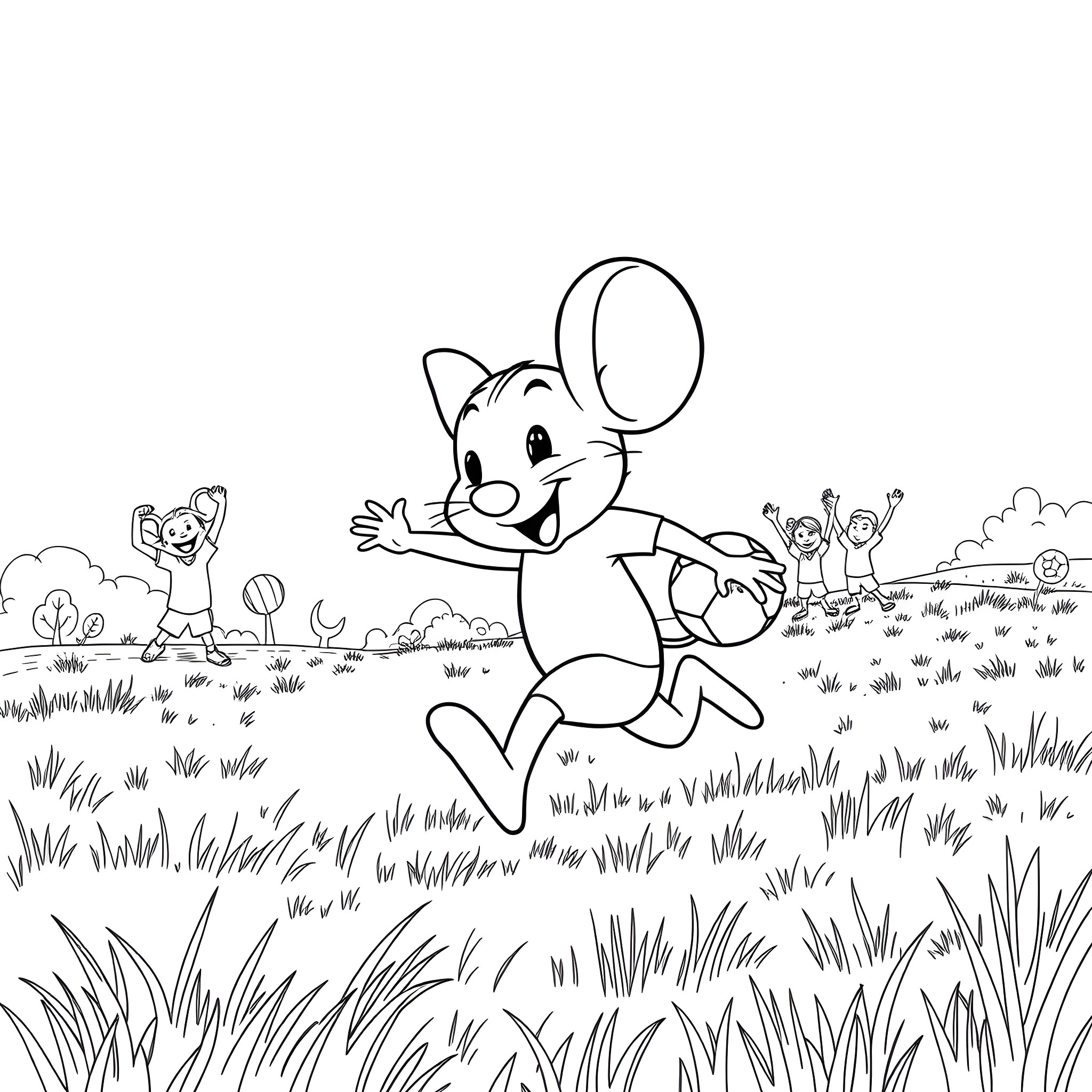 Mouse playing with balloons in the park Coloring Page (free black-and-white line drawing printable PDF for all, from beginners to advanced learners, including children, teens, adults, and seniors)
