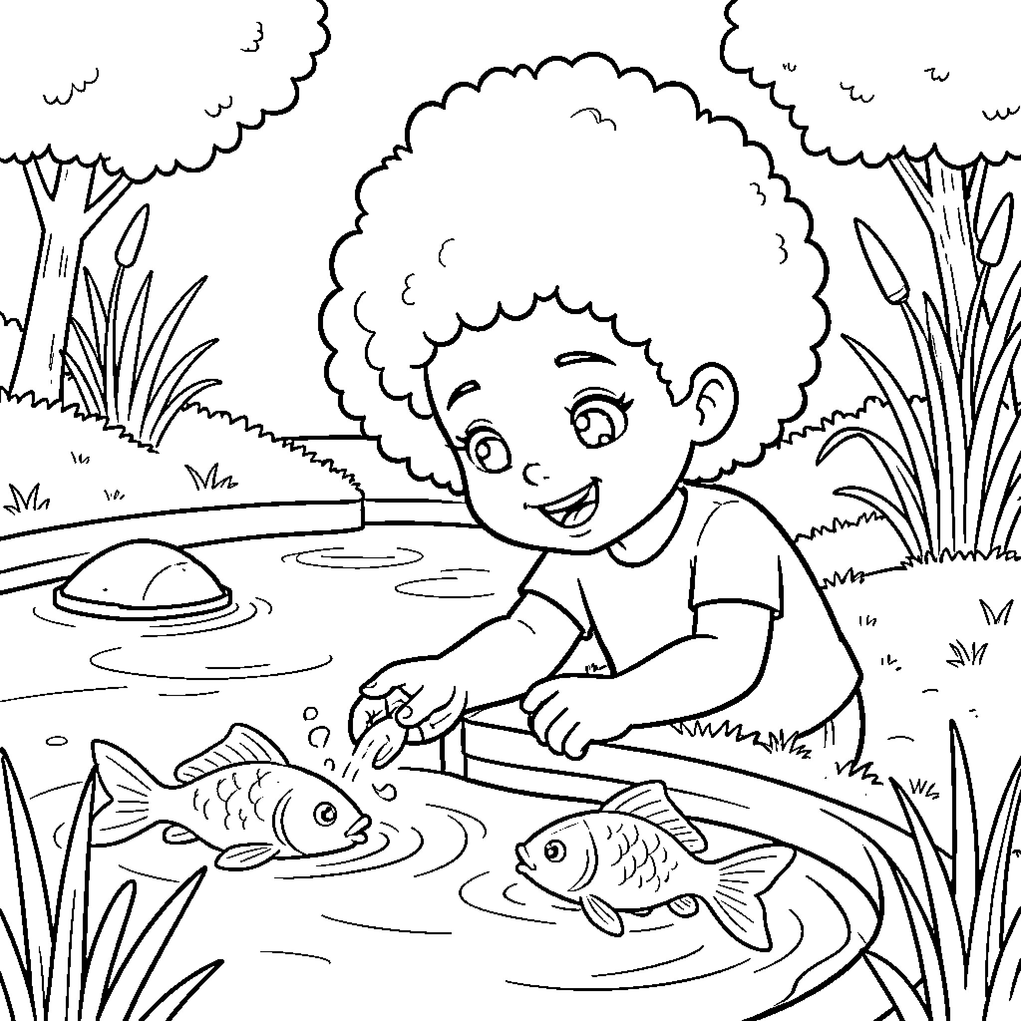 Girl Feeding Fish in Pond Coloring Page (free black-and-white line drawing printable PDF for all, from beginners to advanced learners, including children, teens, adults, and seniors)