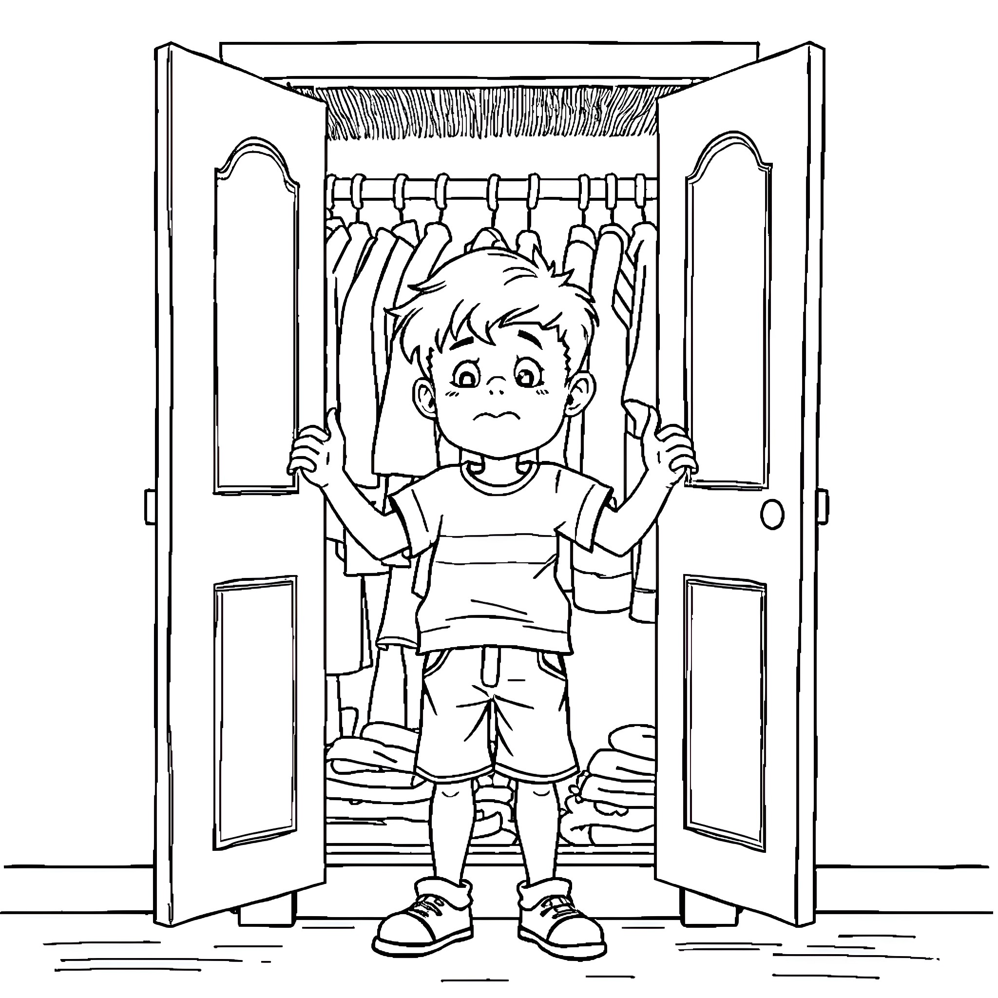 Boy eagerly looking at clothes in the closet Coloring Page (free black-and-white line drawing printable PDF for all, from beginners to advanced learners, including children, teens, adults, and seniors)