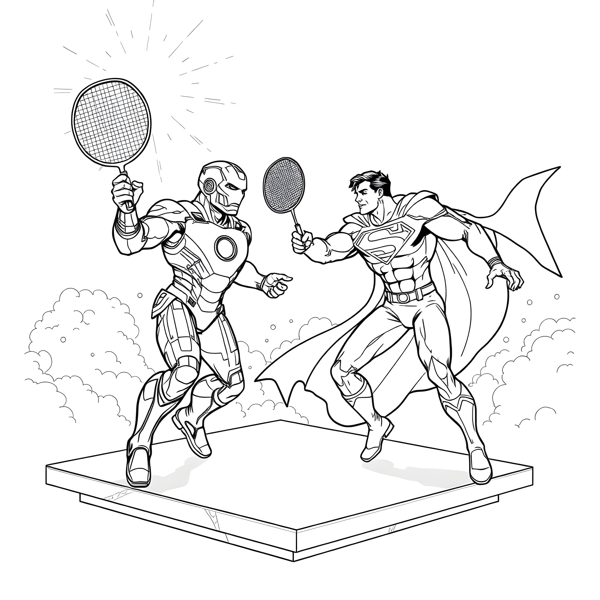 Ironman and Superman battle with rackets Coloring Page (free black-and-white line drawing printable PDF for all, from beginners to advanced learners, including children, teens, adults, and seniors)