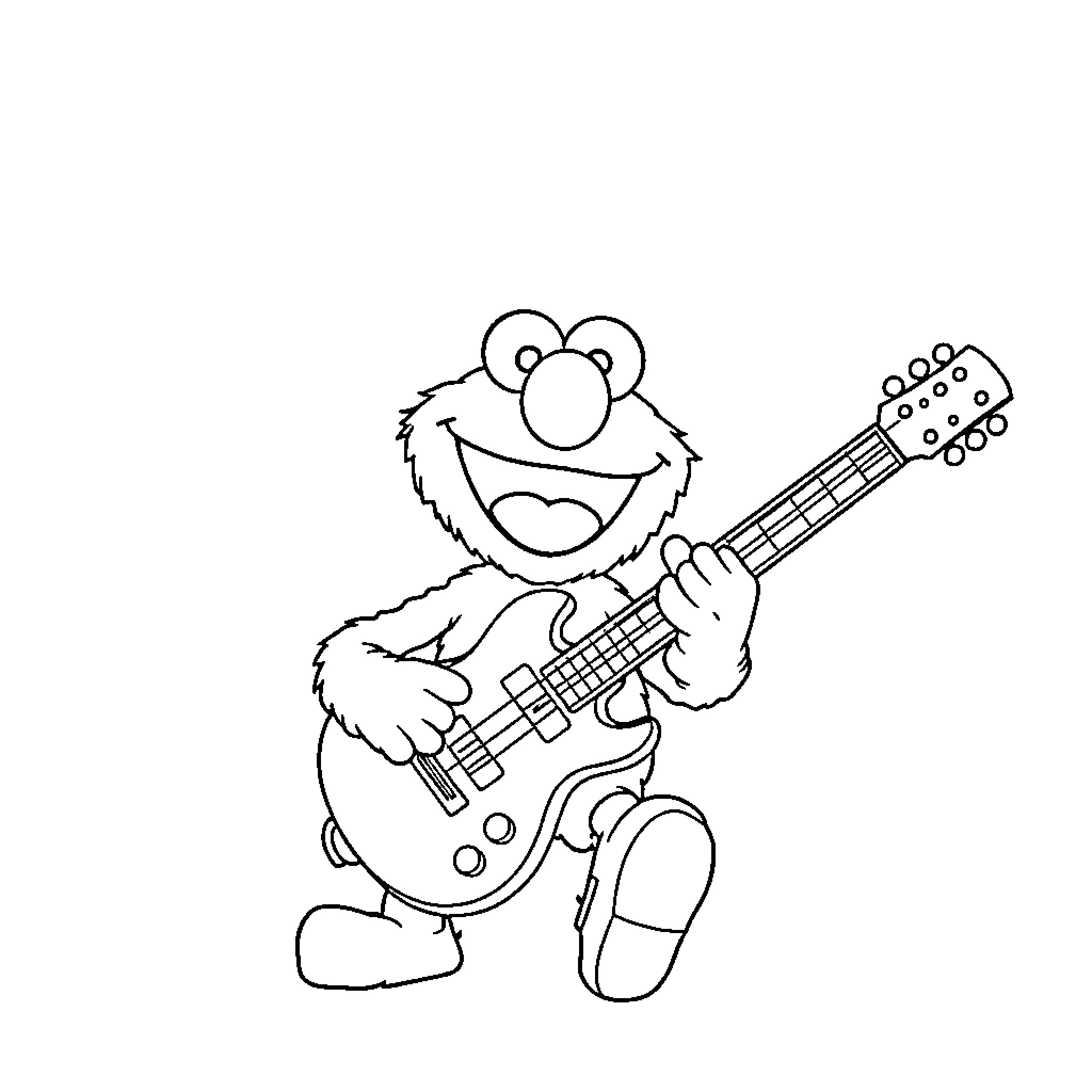 Elmo playing guitar with joy Coloring Page (free black-and-white line drawing printable PDF for all, from beginners to advanced learners, including children, teens, adults, and seniors)
