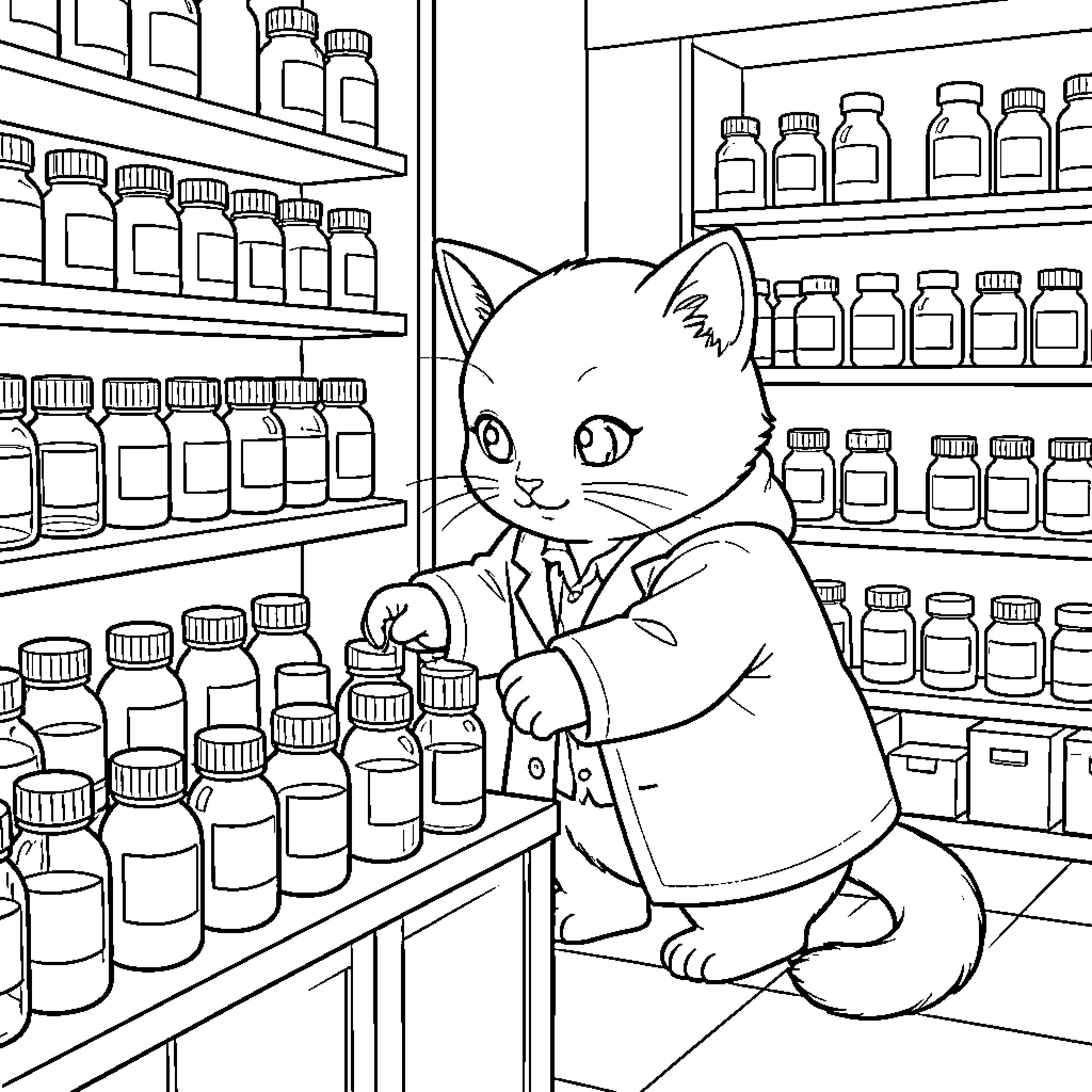 Cat exploring the shelves of a pharmacy Coloring Page (free black-and-white line drawing printable PDF for all, from beginners to advanced learners, including children, teens, adults, and seniors)