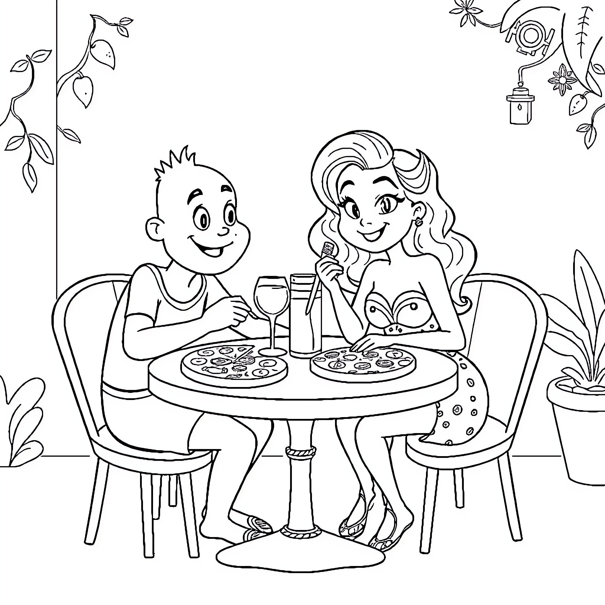 Raiponce: Couple Enjoying Romantic Dinner Coloring Page (free black-and-white line drawing printable PDF for all, from beginners to advanced learners, including children, teens, adults, and seniors)