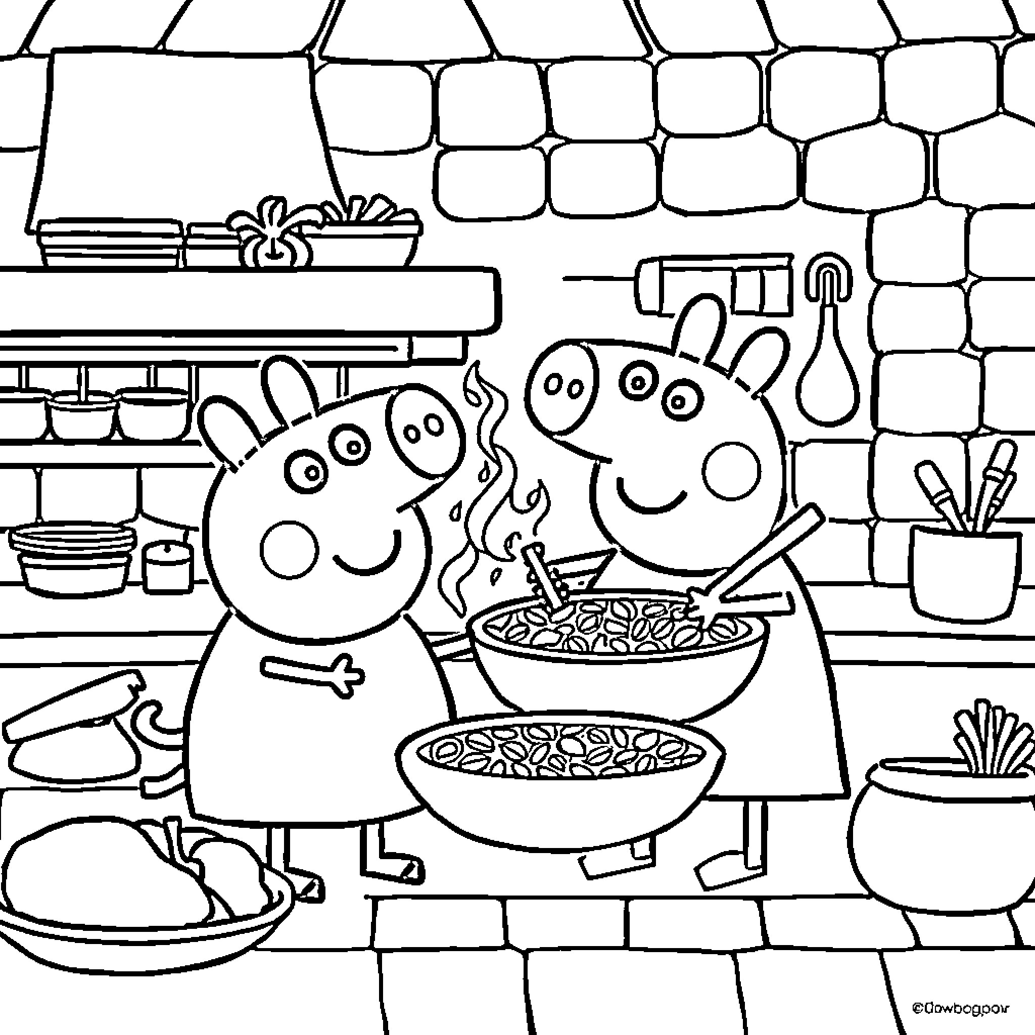 Peppa Pig and George cooking together in the kitchen Coloring Page (free black-and-white line drawing printable PDF for all, from beginners to advanced learners, including children, teens, adults, and seniors)