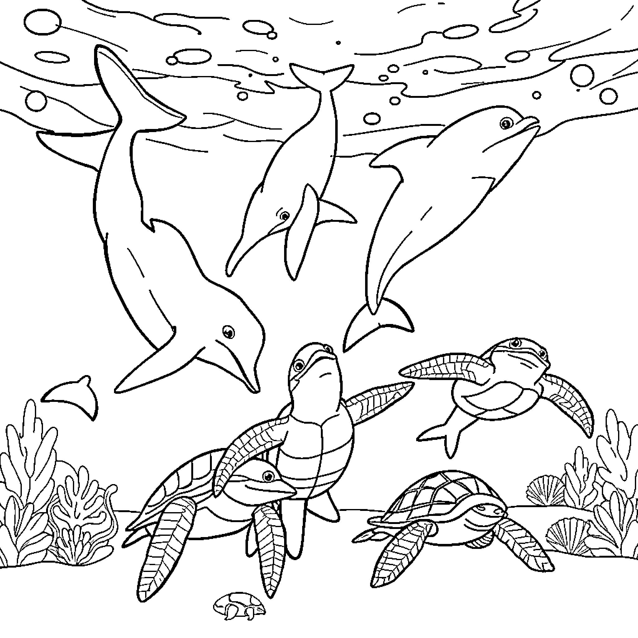 Ocean Animals Playing in the Sea Coloring Page (free black-and-white line drawing printable PDF for all, from beginners to advanced learners, including children, teens, adults, and seniors)