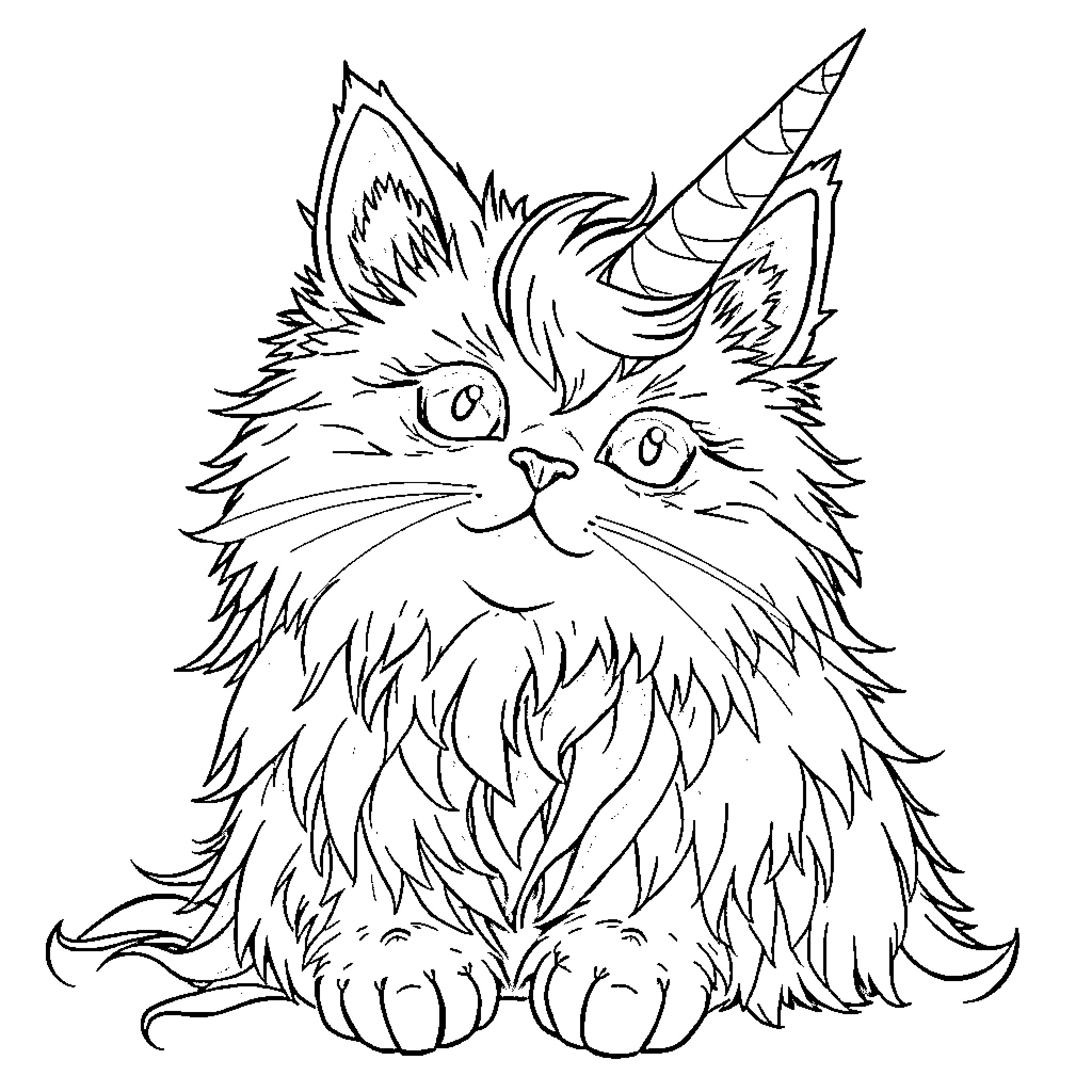 Unicorn Cat with Whimsical Flair Coloring Page (free black-and-white line drawing printable PDF for all, from beginners to advanced learners, including children, teens, adults, and seniors)