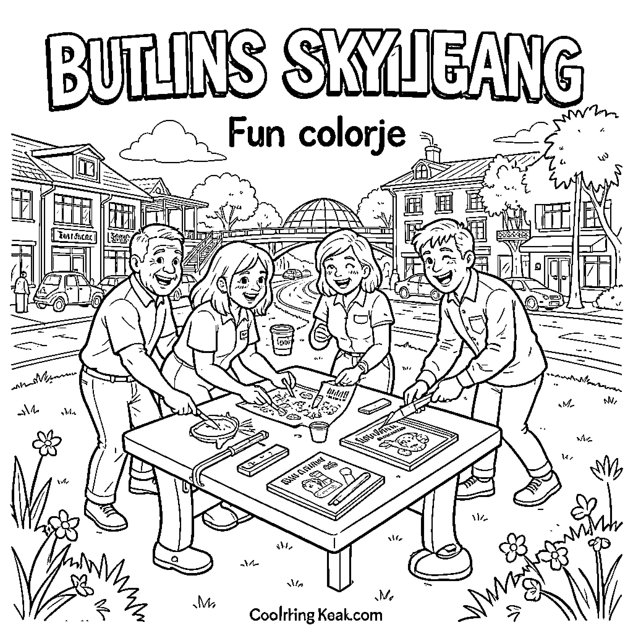 Skyline Gang friends laughing and drawing together at a table Coloring Page (free black-and-white line drawing printable PDF for all, from beginners to advanced learners, including children, teens, adults, and seniors)