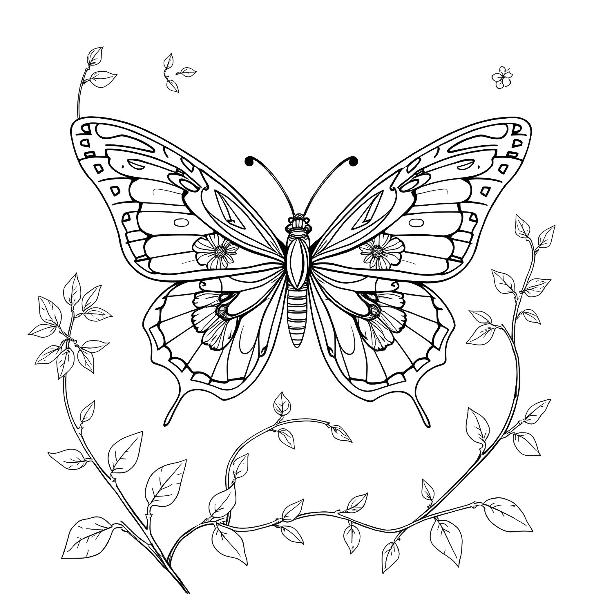 Butterfly in a floral environment Coloring Page (free black-and-white line drawing printable PDF for all, from beginners to advanced learners, including children, teens, adults, and seniors)