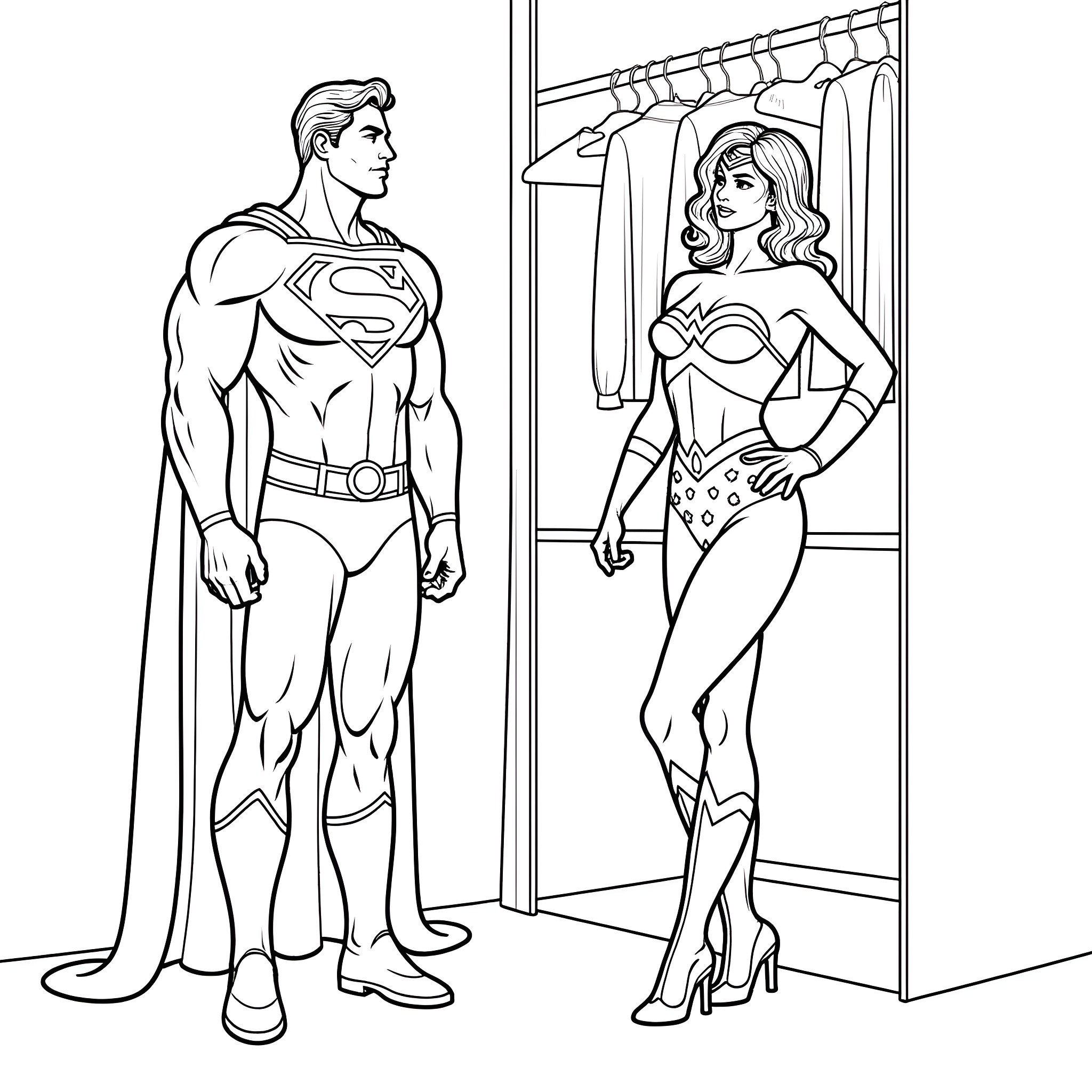 Superman and Wonder Woman in heroic poses Coloring Page (free black-and-white line drawing printable PDF for all, from beginners to advanced learners, including children, teens, adults, and seniors)